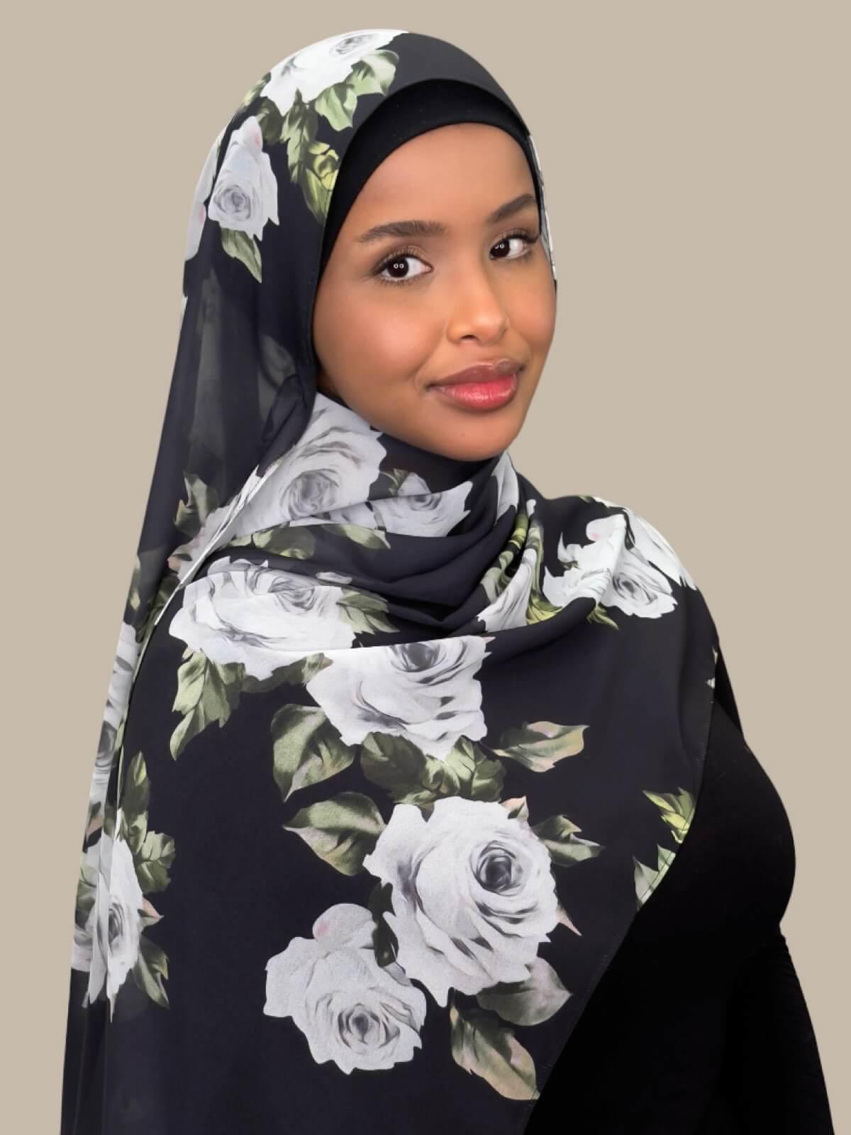 Printed Chiffon Hijab-Frosted Rosette
