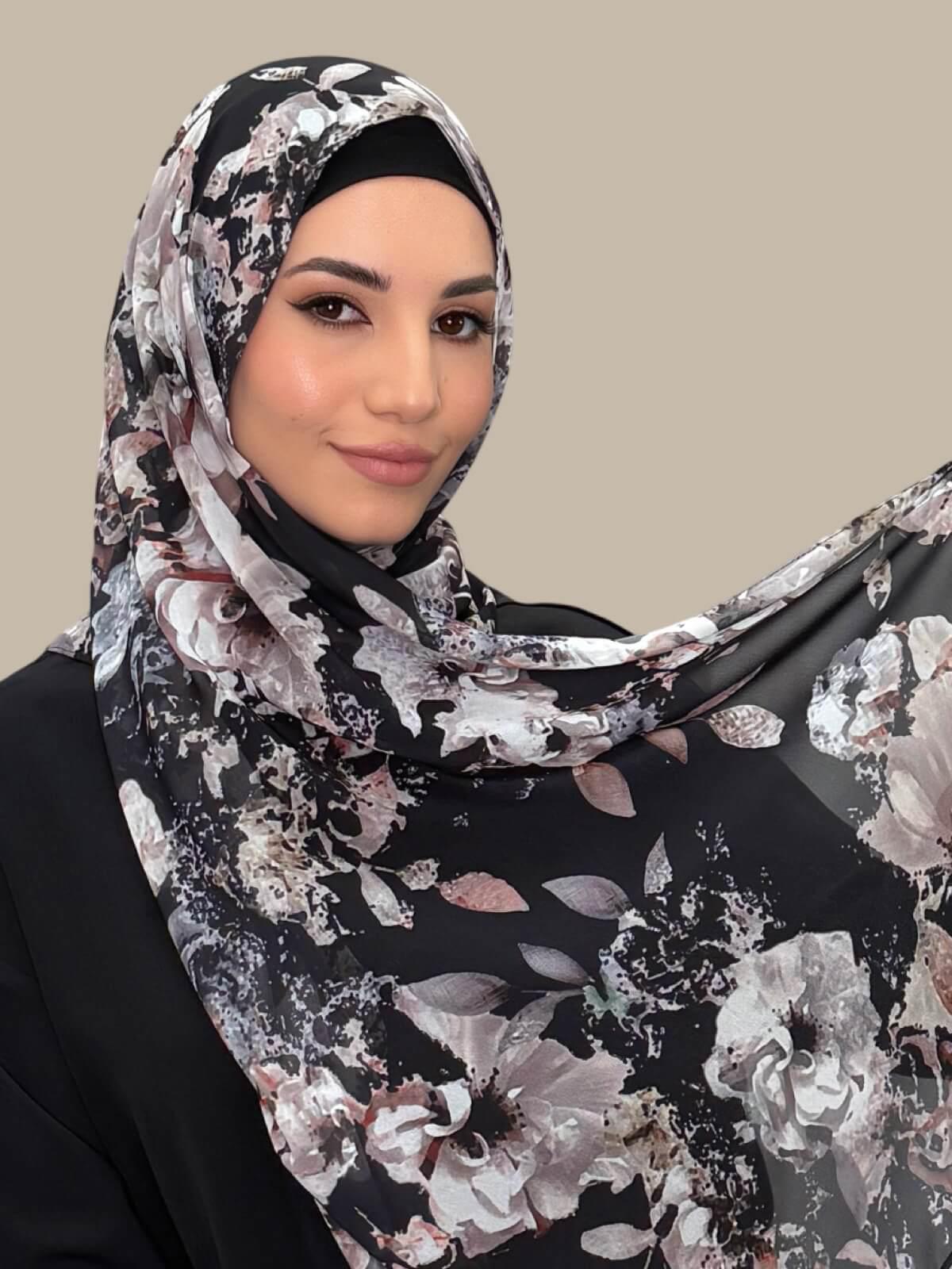 Printed Chiffon Hijab-Fleurette Slate II