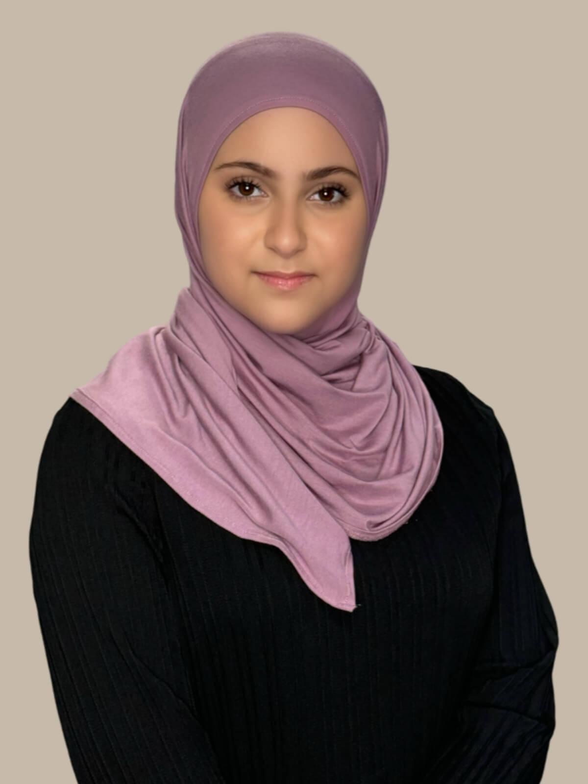 Khaki Rose Pre-Sewn Jersey Hijab in Modish Girl size, front view on model with hijab wrapped neatly around shoulders showing smooth fit and soft stretch fabric.