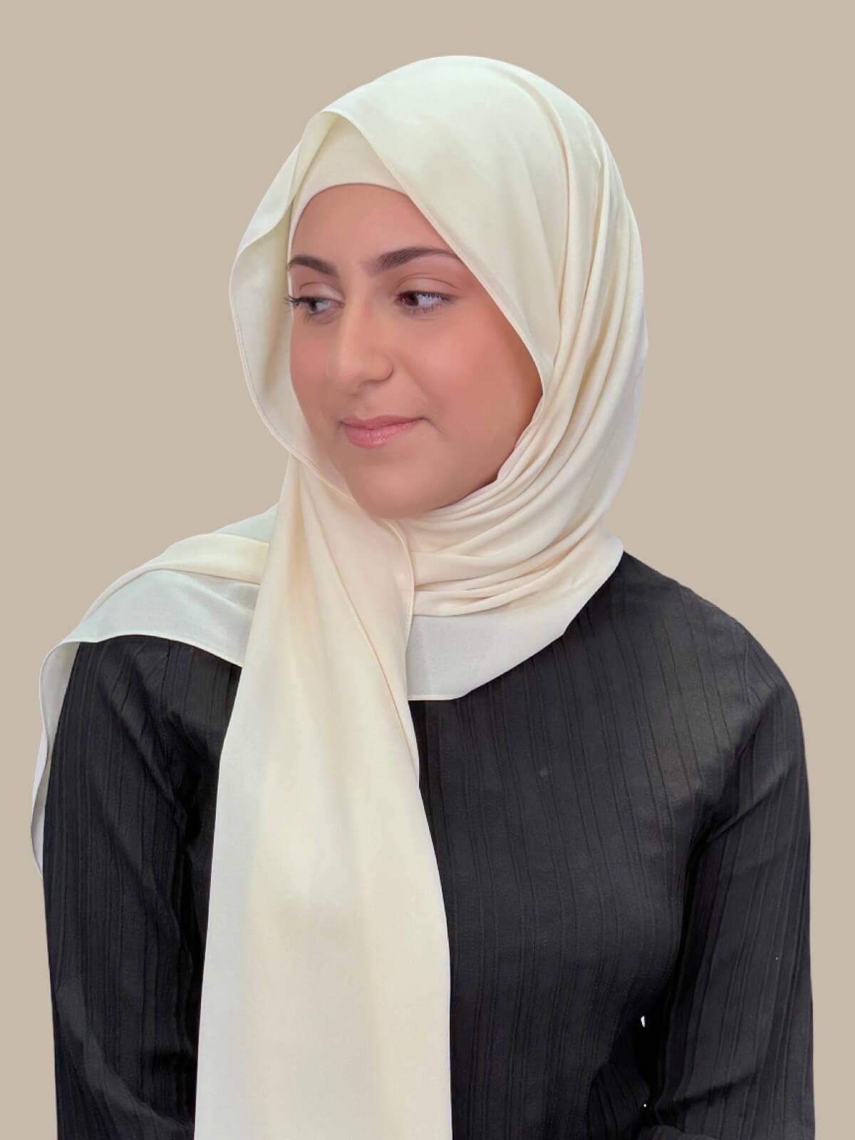 Ivory Lace Matching Chiffon Hijab Set in modish girl size on model, side view showing lightweight drape and smooth layered wrap with elegant finish.