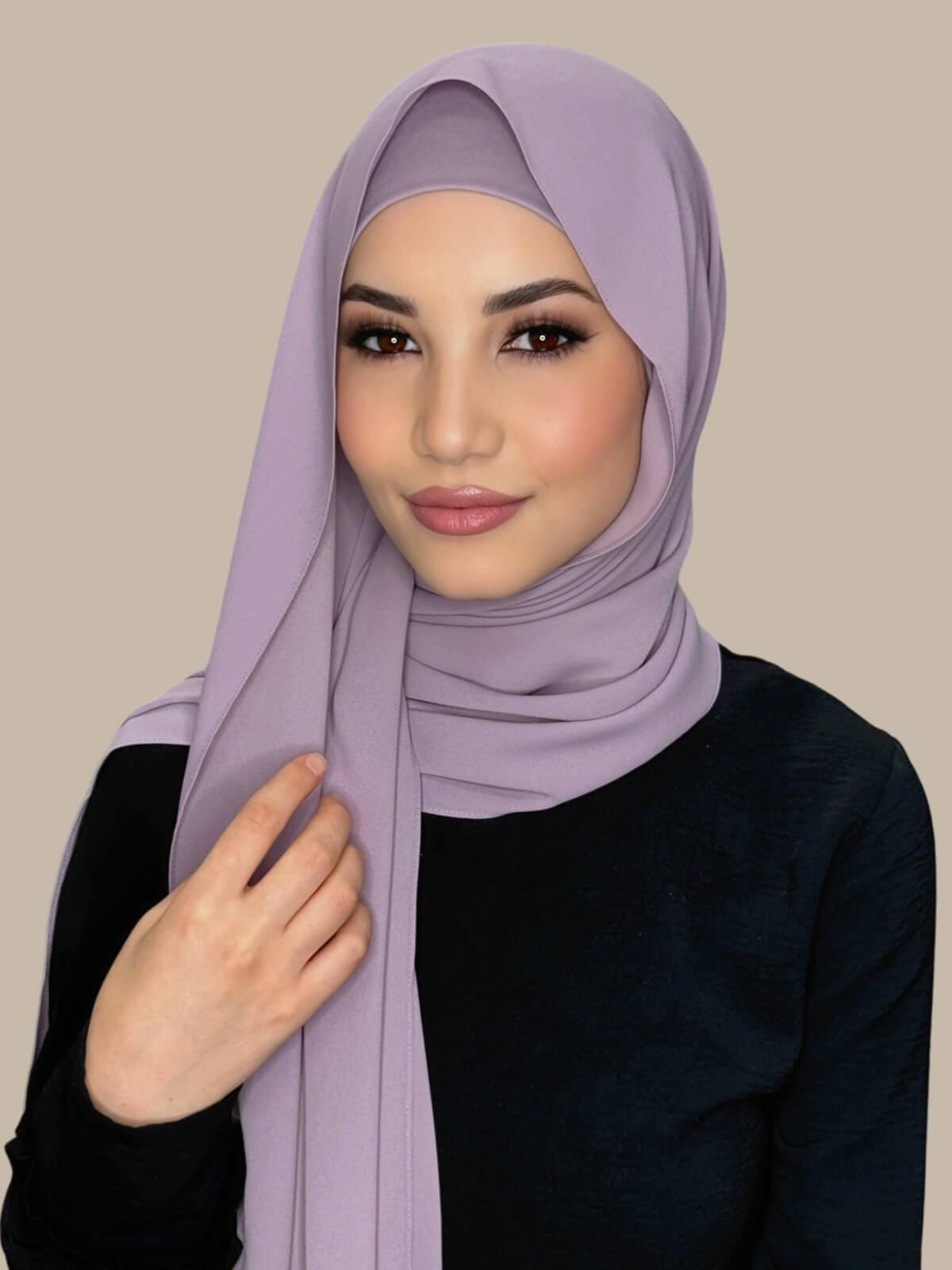 Barely Mauve Matching Chiffon Hijab Set on model,front view draped over one shoulder