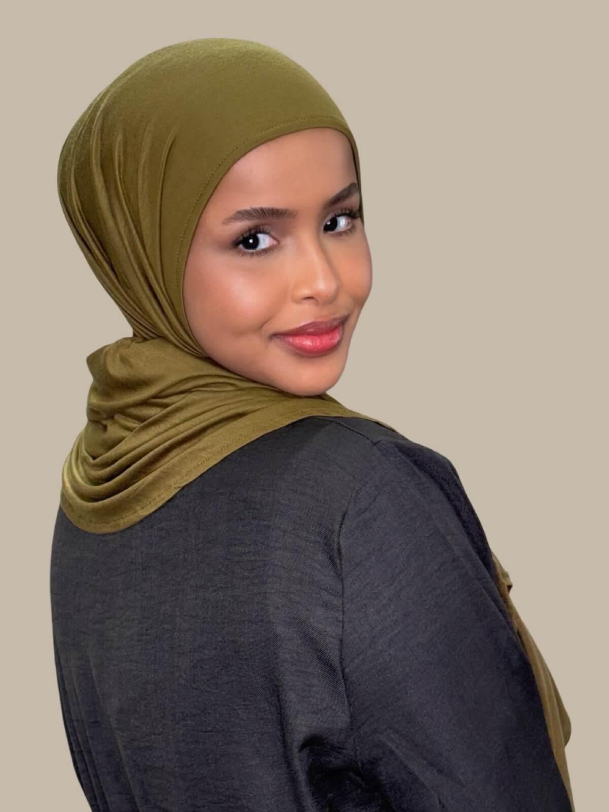 Olive Green Pre-Sewn Jersey Hijab, back view on model, no pins effortless style