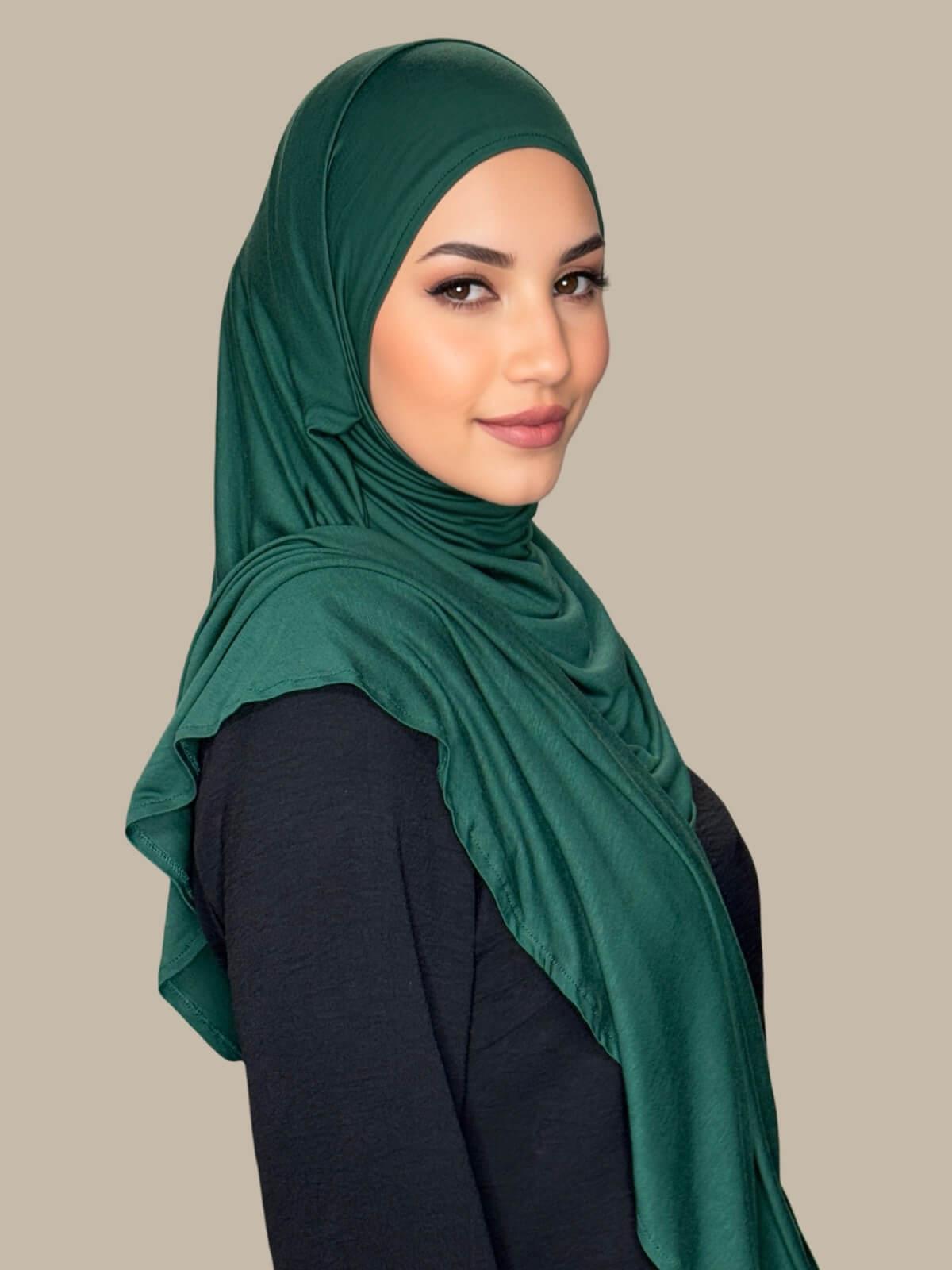 Forest Green Pre-SEwn Jersey Hijab, side view on model