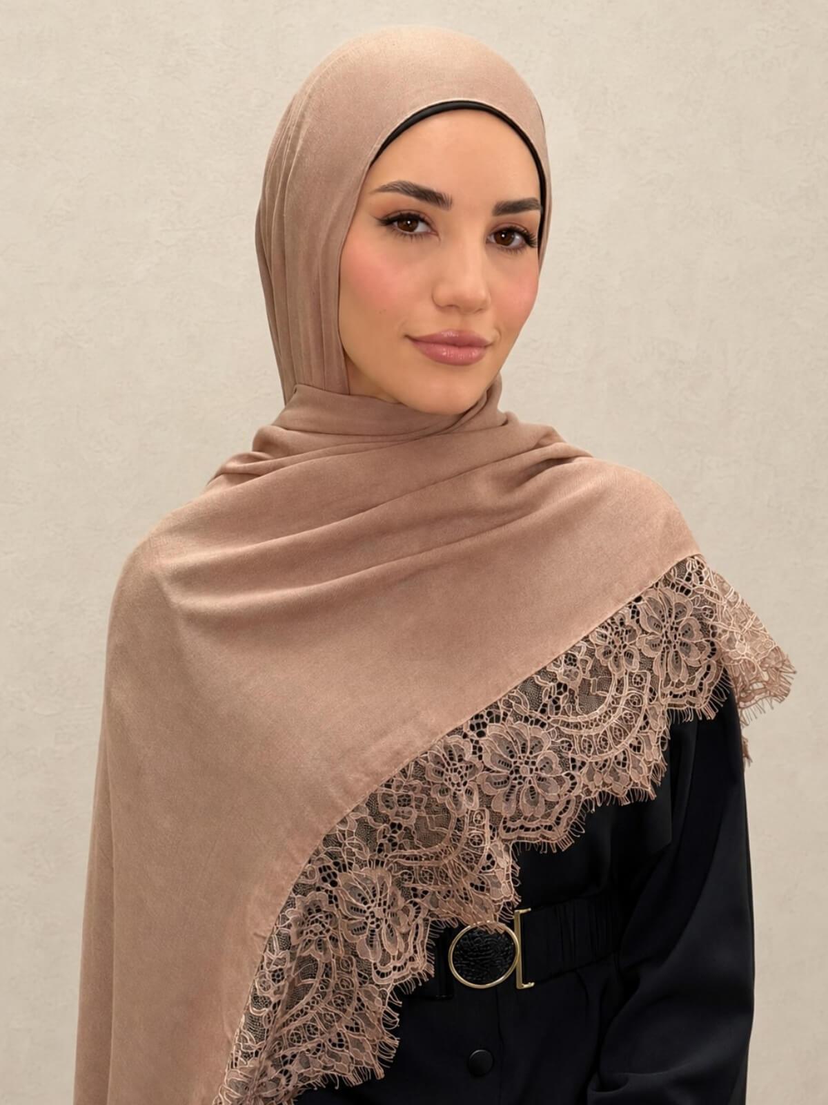 Lace Cotton Modal Hijab-Pink Rosewood