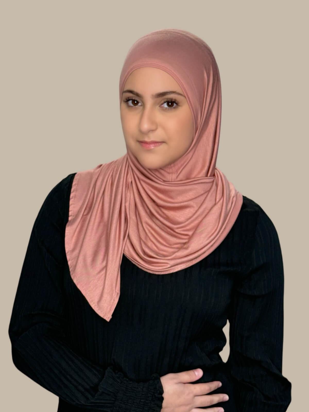 Wood Rose Pre-Sewn Jersey Hijab in Modish Girl size, front view on model with hijab wrapped neatly around shoulders showing smooth fit and soft stretch fabric.