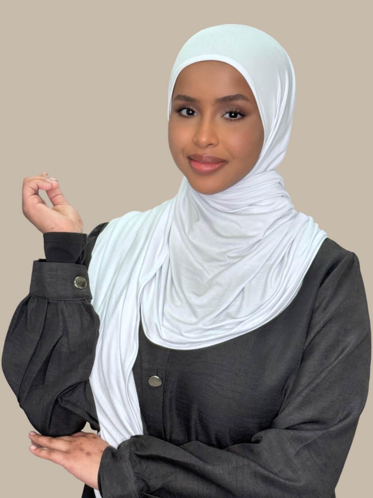 White Pre-Sewn Jersey Hijab, no pins, easy to wear