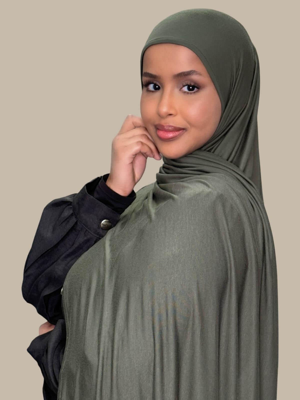 Army Green Pre-Sewn Jersey Hijab, side view on model draped over the shoulder