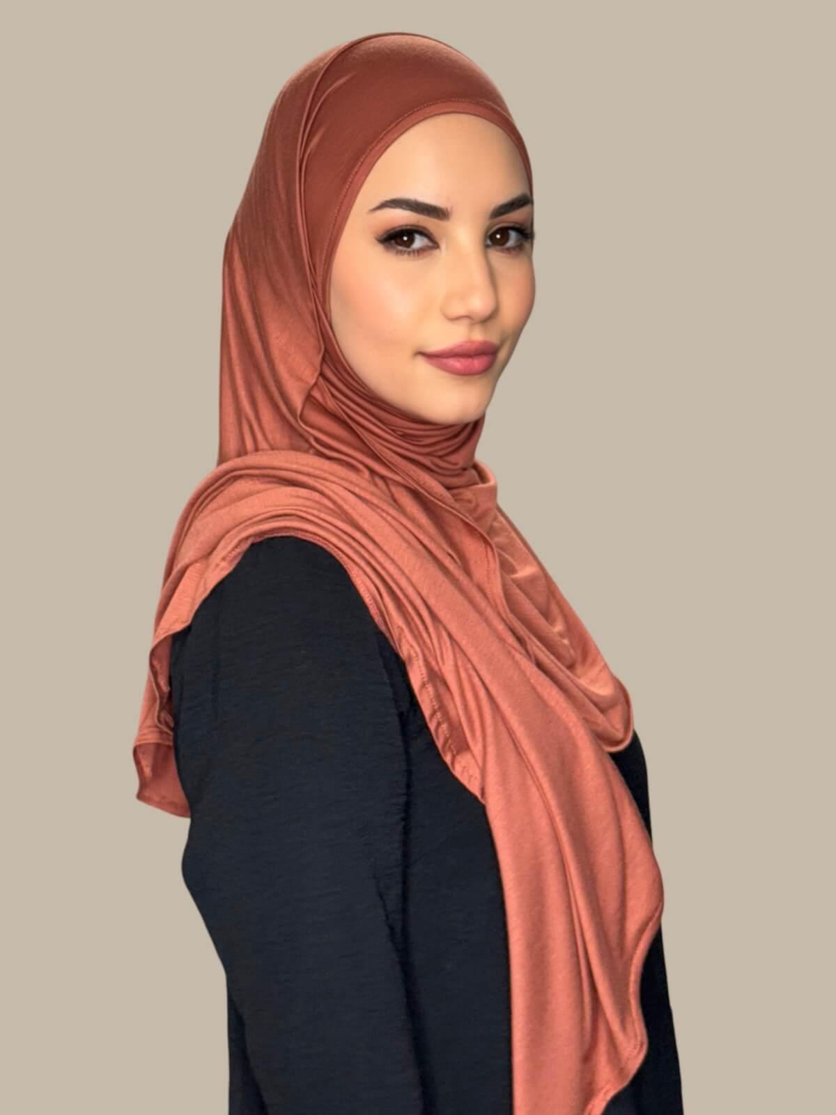Brick Red Pre-Sewn Jersey Hijab sidet view on model