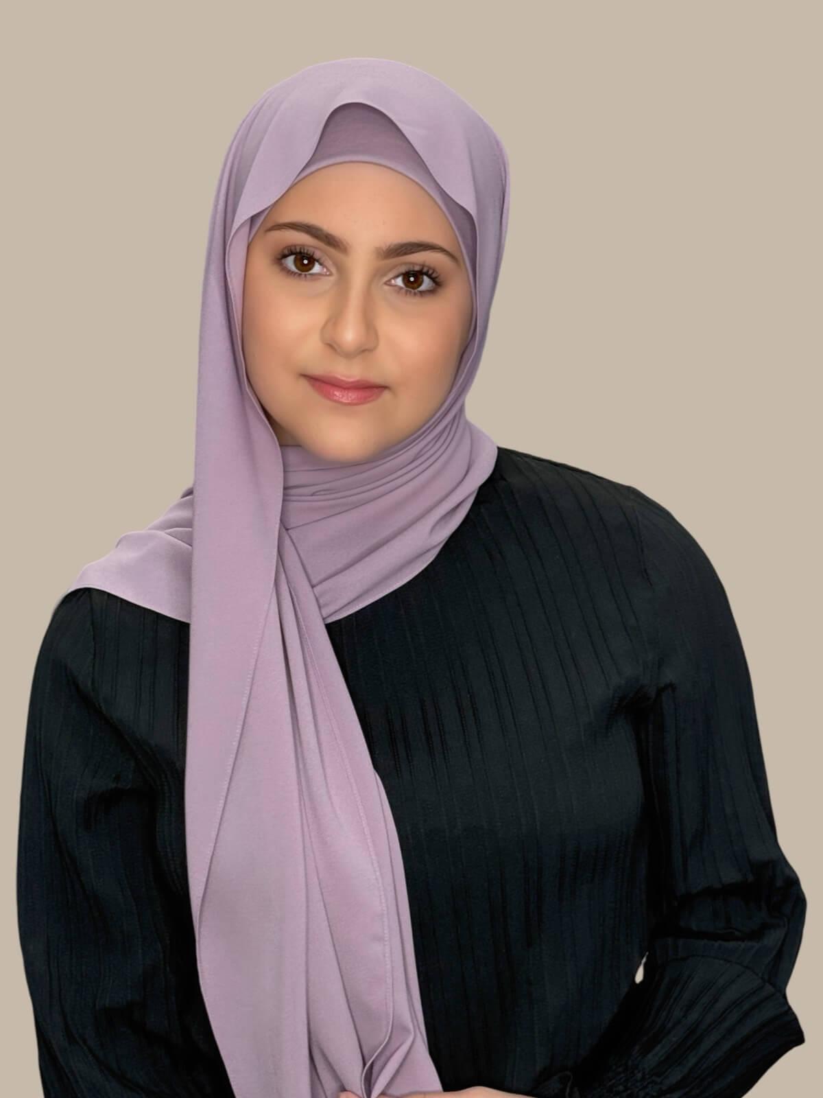 Barely Mauve Matching Chiffon Hijab Set in modish girl size on model, front view showing lightweight drape and smooth layered wrap with elegant finish.