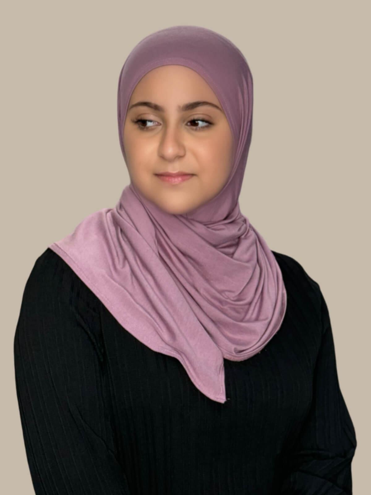 Khaki Rose Pre-Sewn Jersey Hijab in Modish Girl size, front view on model with hijab wrapped neatly around shoulders showing smooth fit and soft stretch fabric.