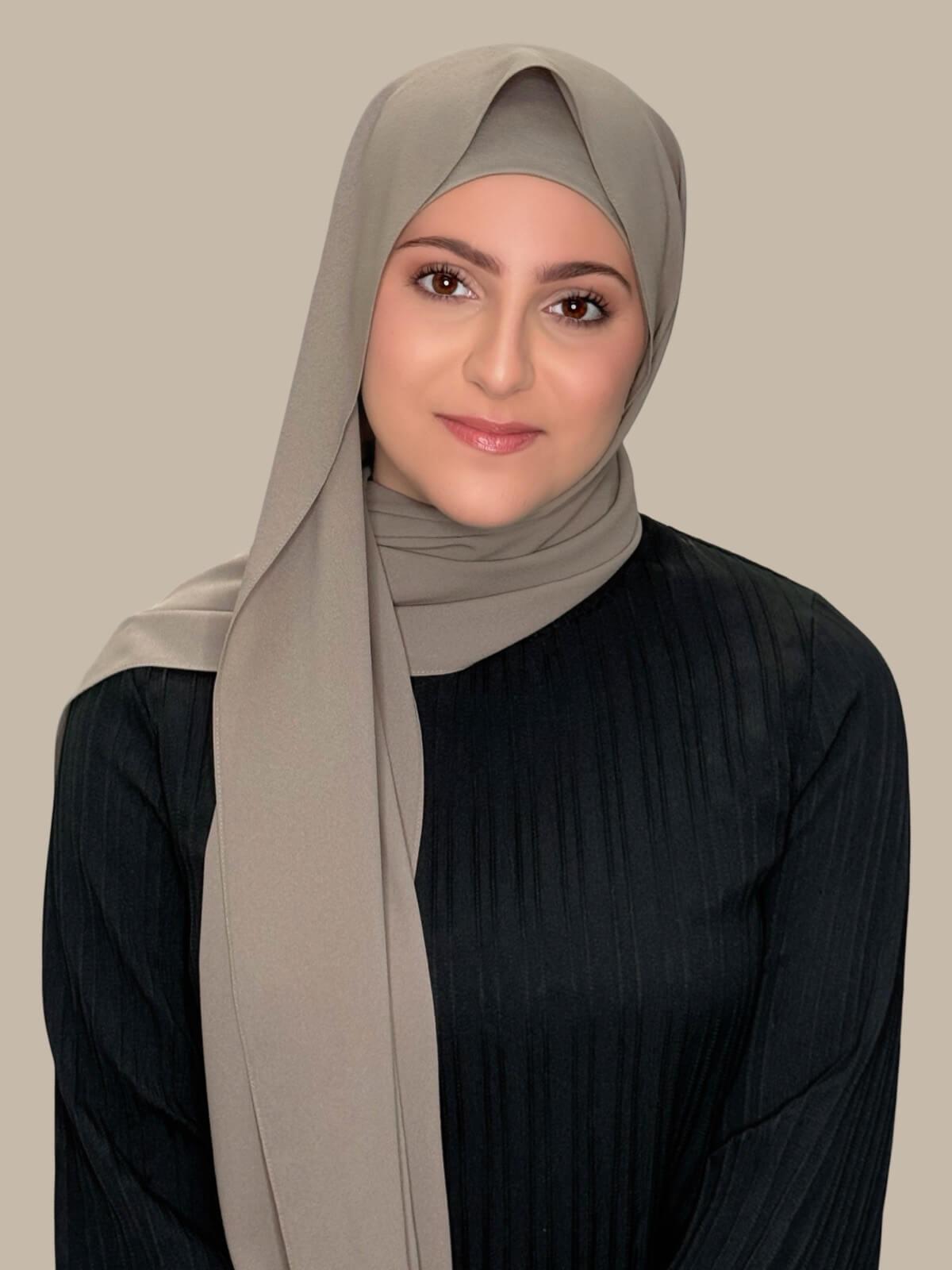 Truffle Matching Chiffon Hijab Set in modish girl size on model, front view draped over the shoulder