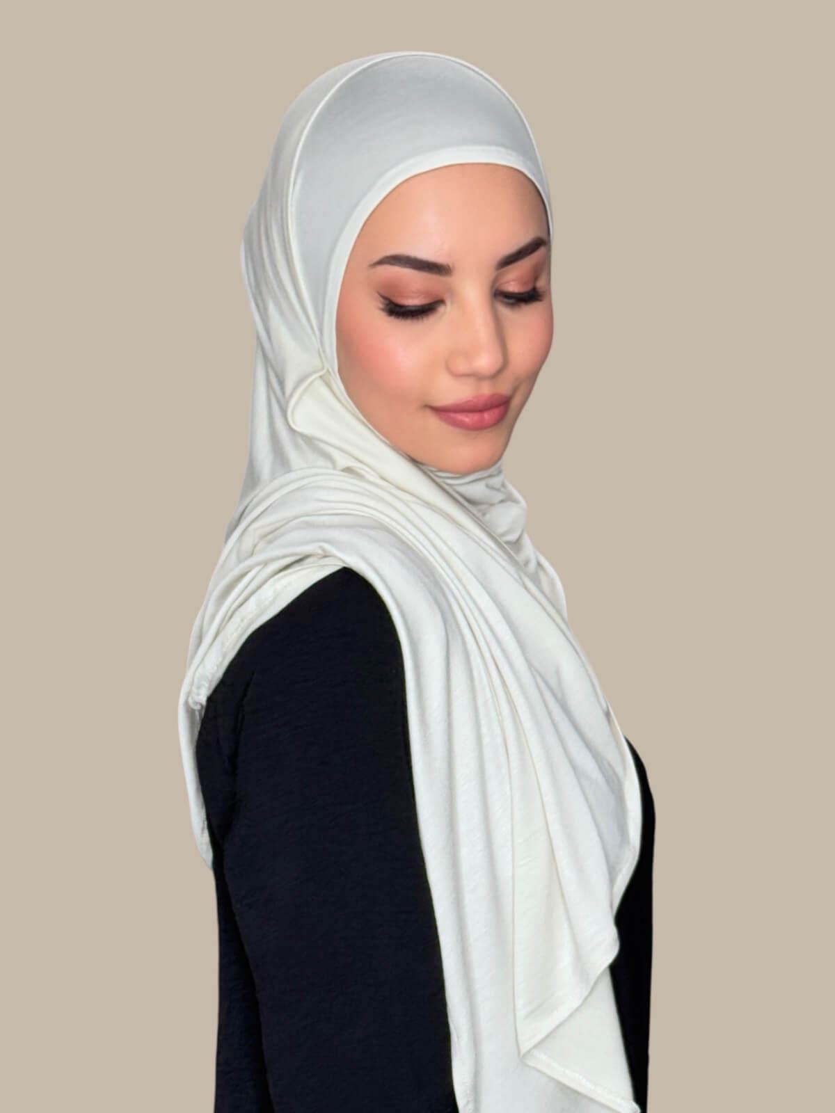 Ivory Pre-Sewn Jersey Hijab side view on model