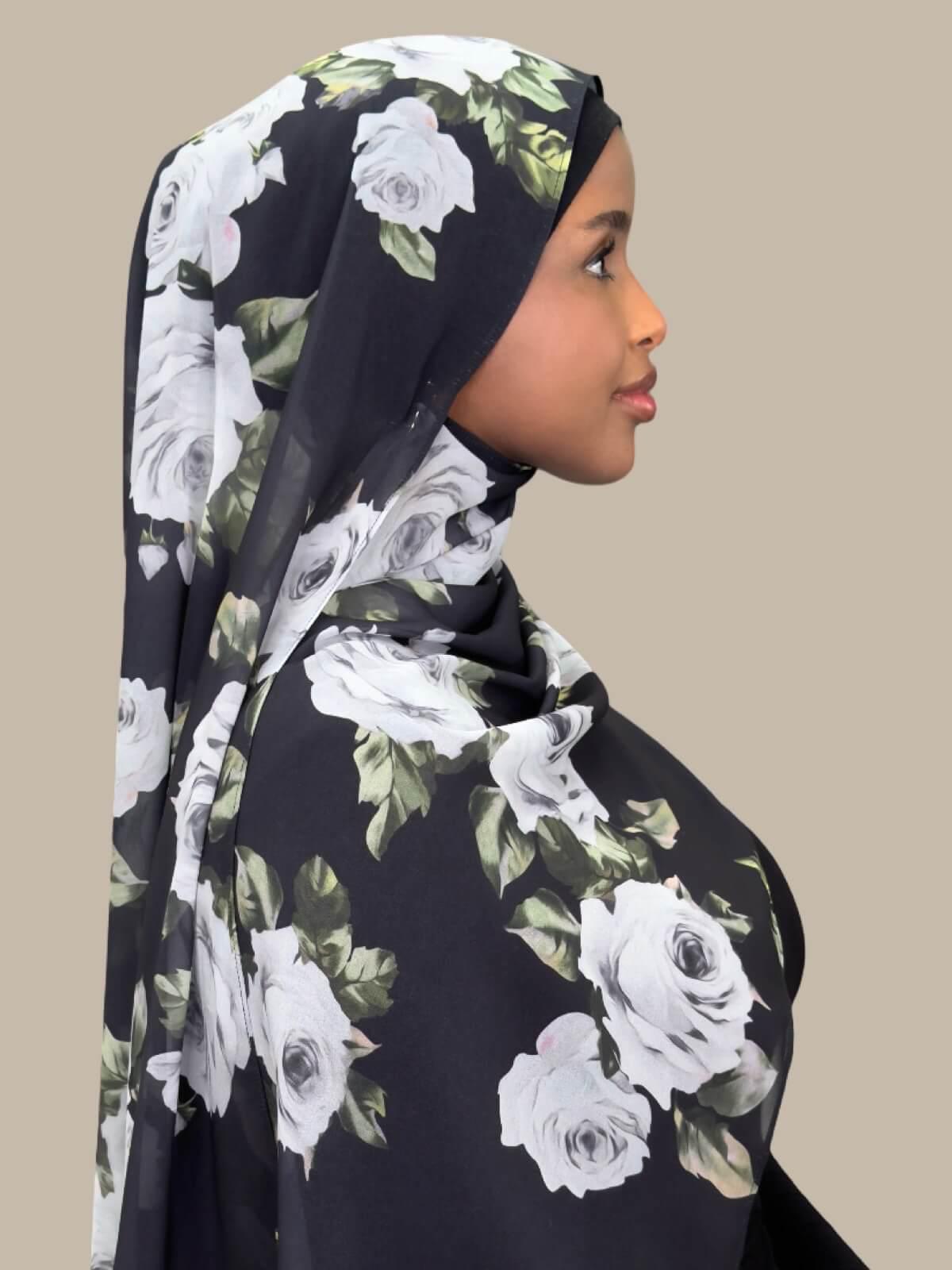 Printed Chiffon Hijab-Frosted Rosette