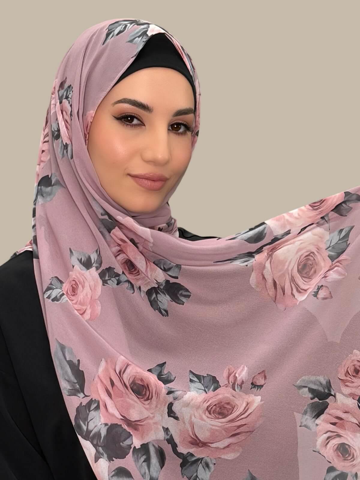 Printed Chiffon Hijab-Neutral Rosette