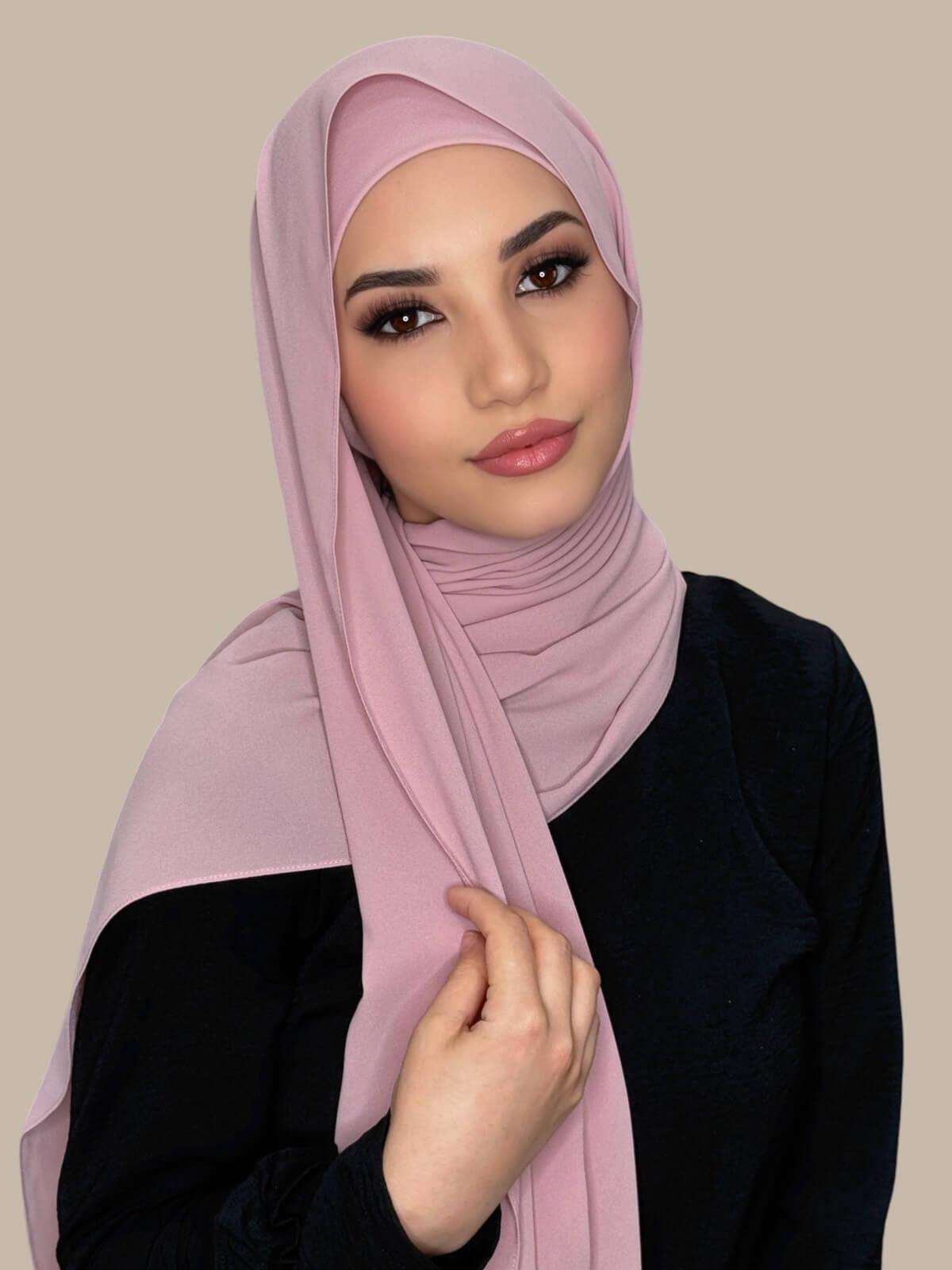 Blush Rose Matching Chiffon Hijab Set on model,front view showing lightweight drape and smooth layered wrap with elegant finish