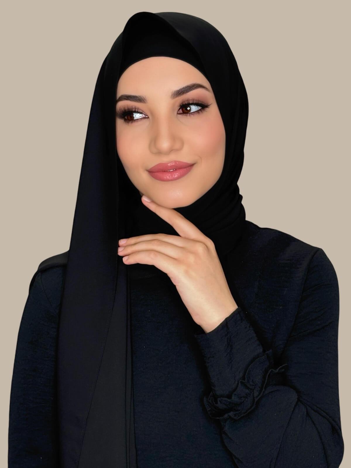 Black Matching Chiffon Hijab Set on model, front view showing lightweight drape and smooth layered wrap with elegant finish.