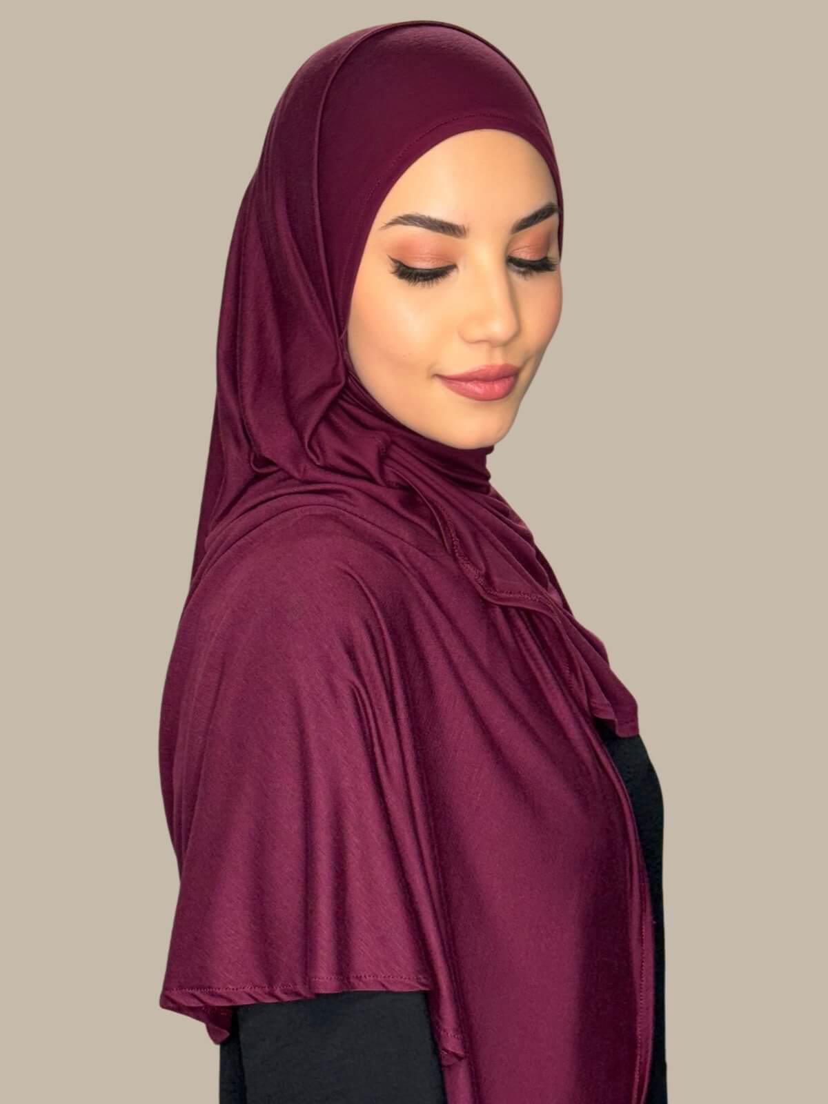 Burgundy Pre-Sewn Jersey Hijab side view on model