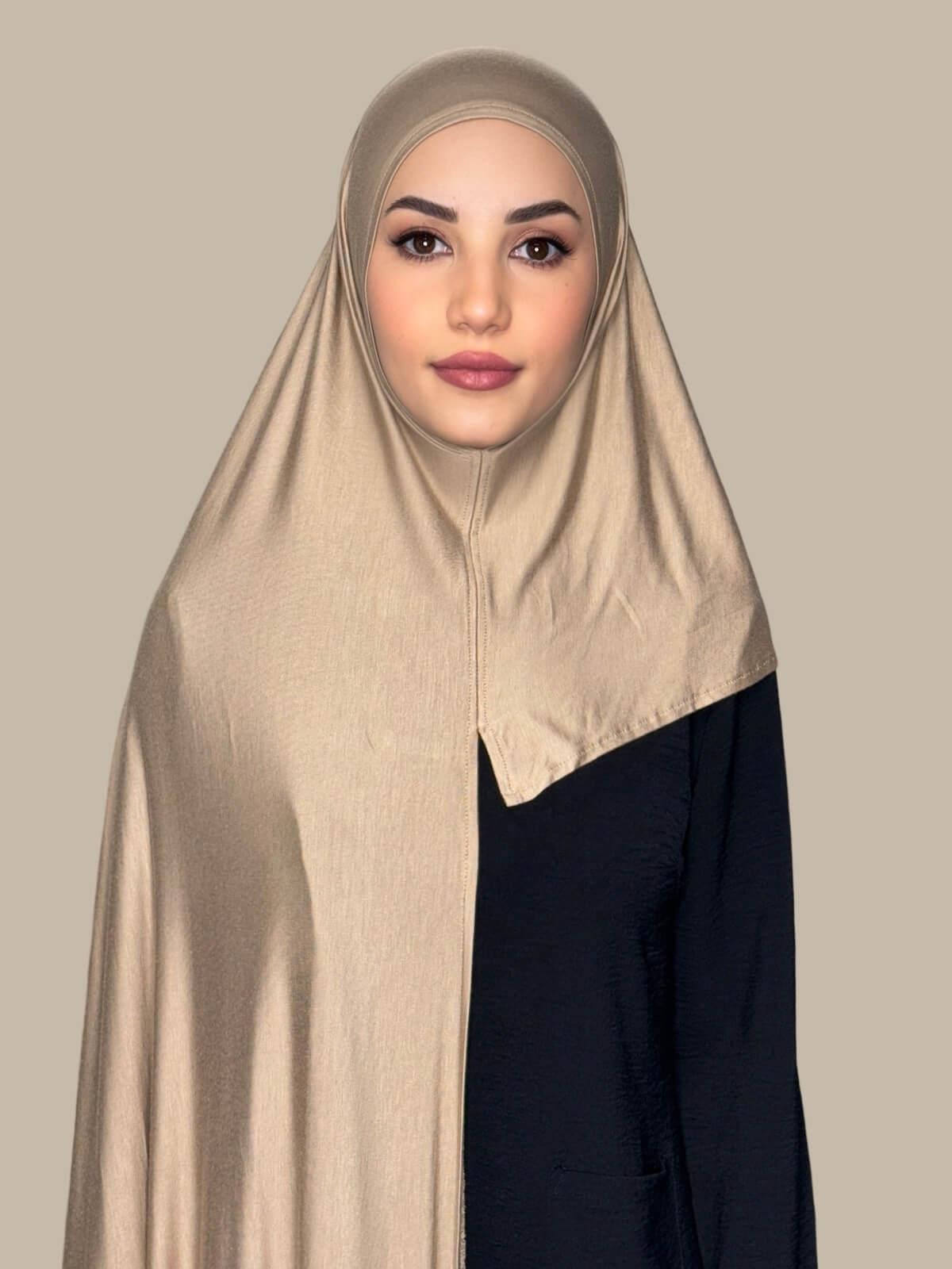 Oak Pre-Sewn Jersey Hijab front view on model showing full coverage and smooth drape on both sides