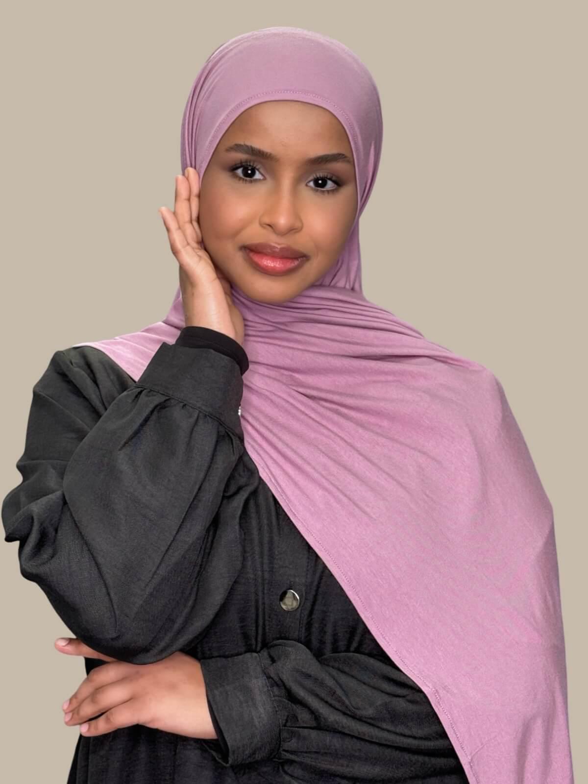 Khaki Rose Pre-Sewn Jersey Hijab front view on model draped over shoulder no pins
