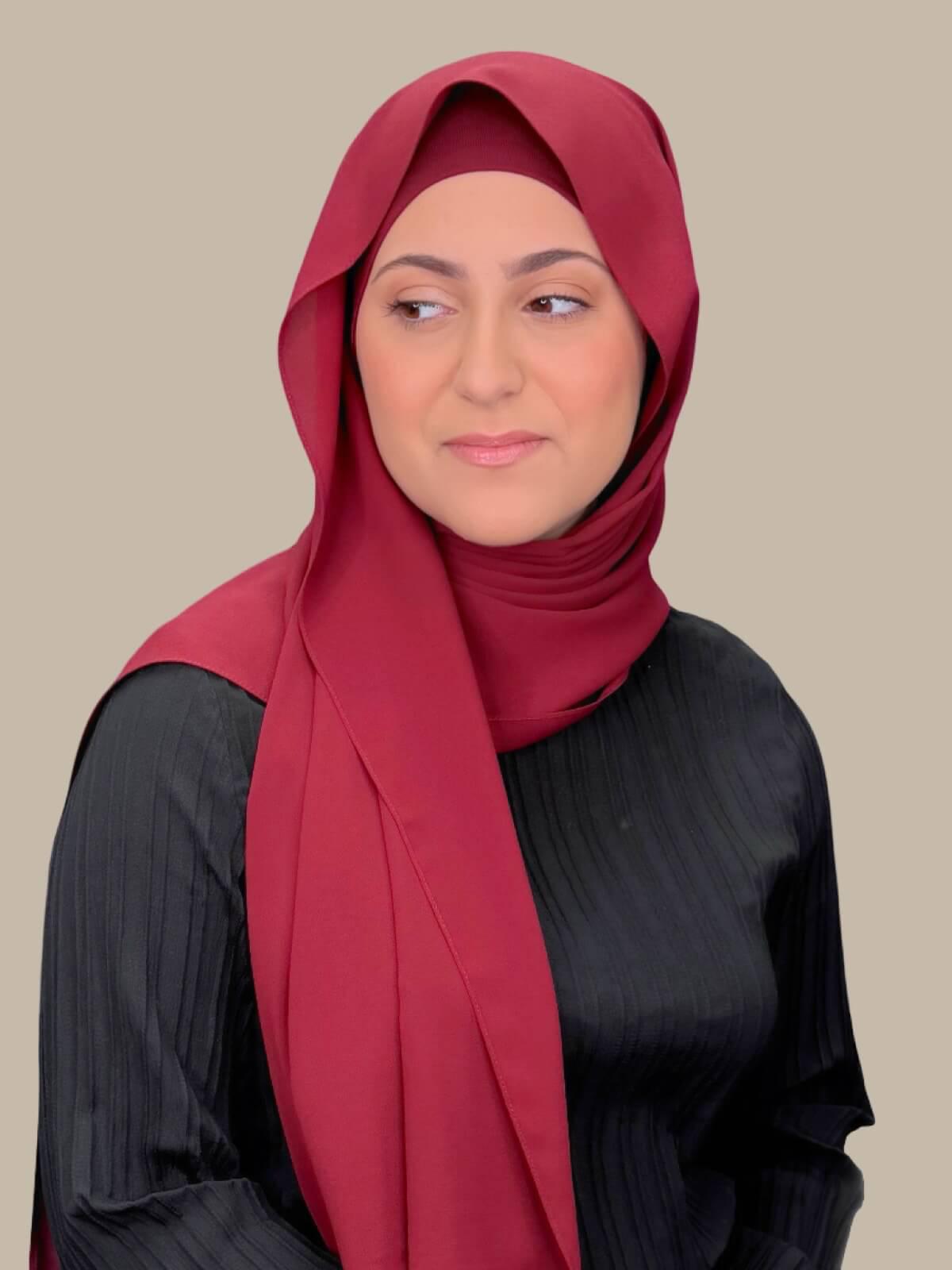 Mahogany Matching Chiffon Hijab Set in modish girl size on model, side view draped over the shoulder