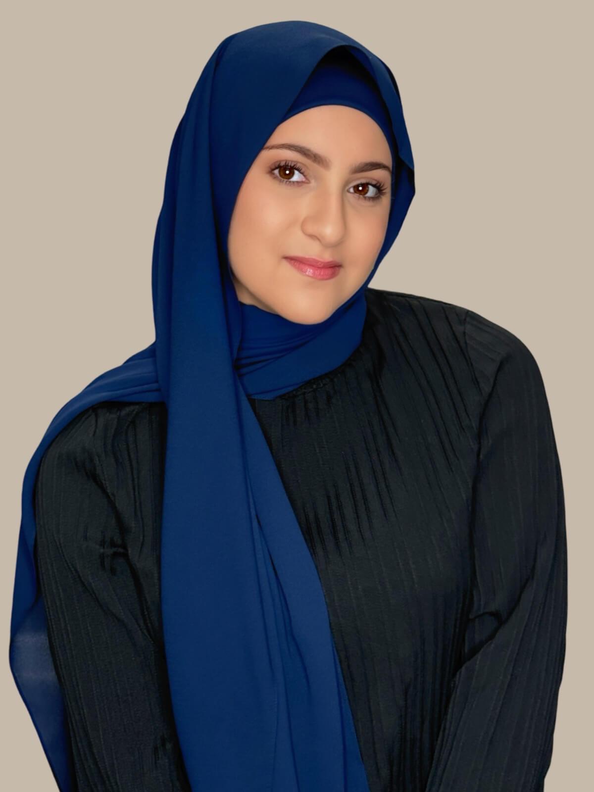 Navy Matching Chiffon Hijab Set in modish girl size on model, side view showing lightweight drape and smooth layered wrap with elegant finish.