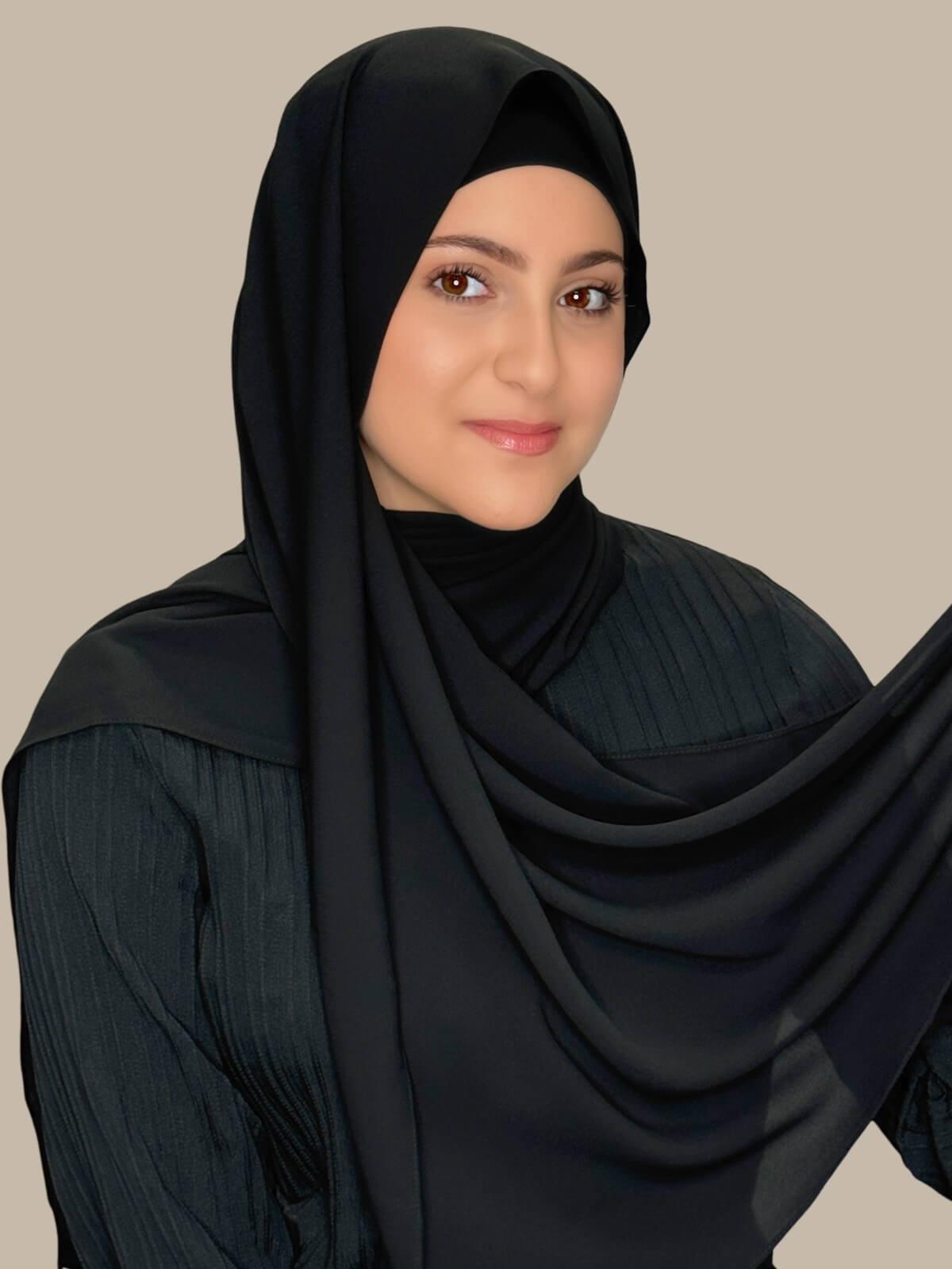 Black Matching Chiffon Hijab Set in modish girl size on model, side view showing lightweight drape and smooth layered wrap with elegant finish.