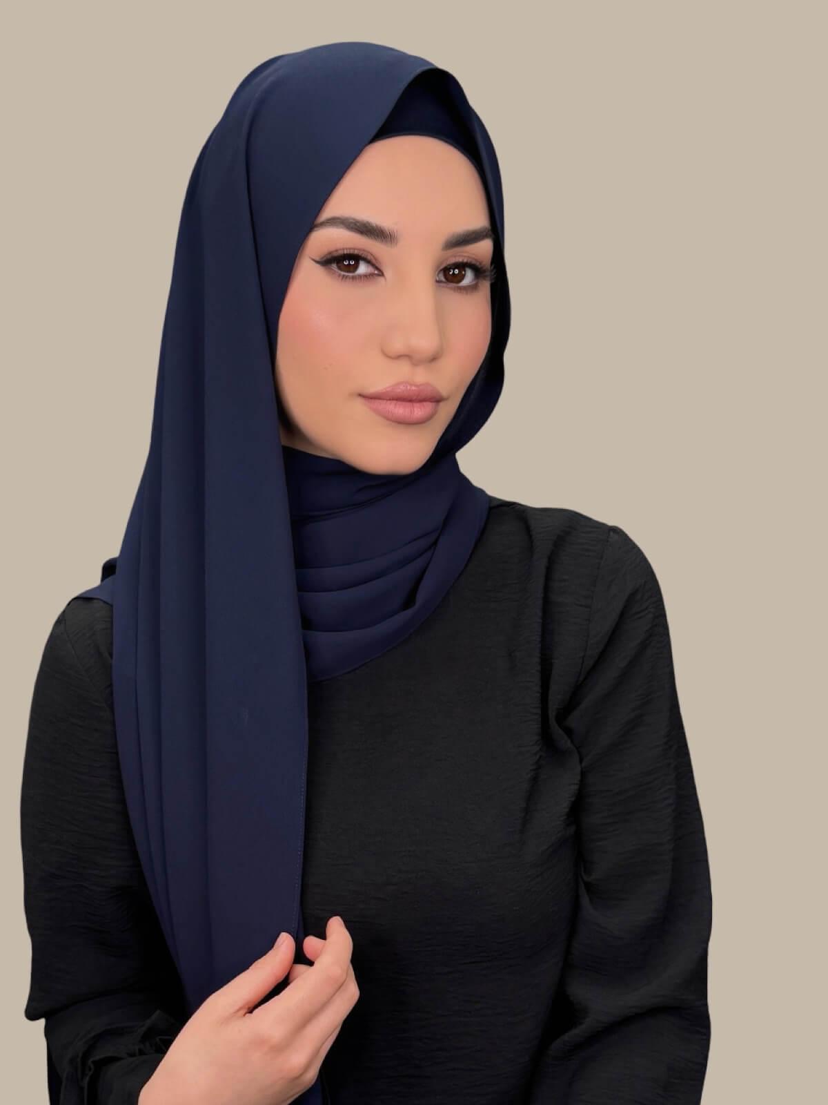 Dark Slate Matching Chiffon Hijab Set on model, front view showing lightweight drape and smooth layered wrap with elegant finish.
