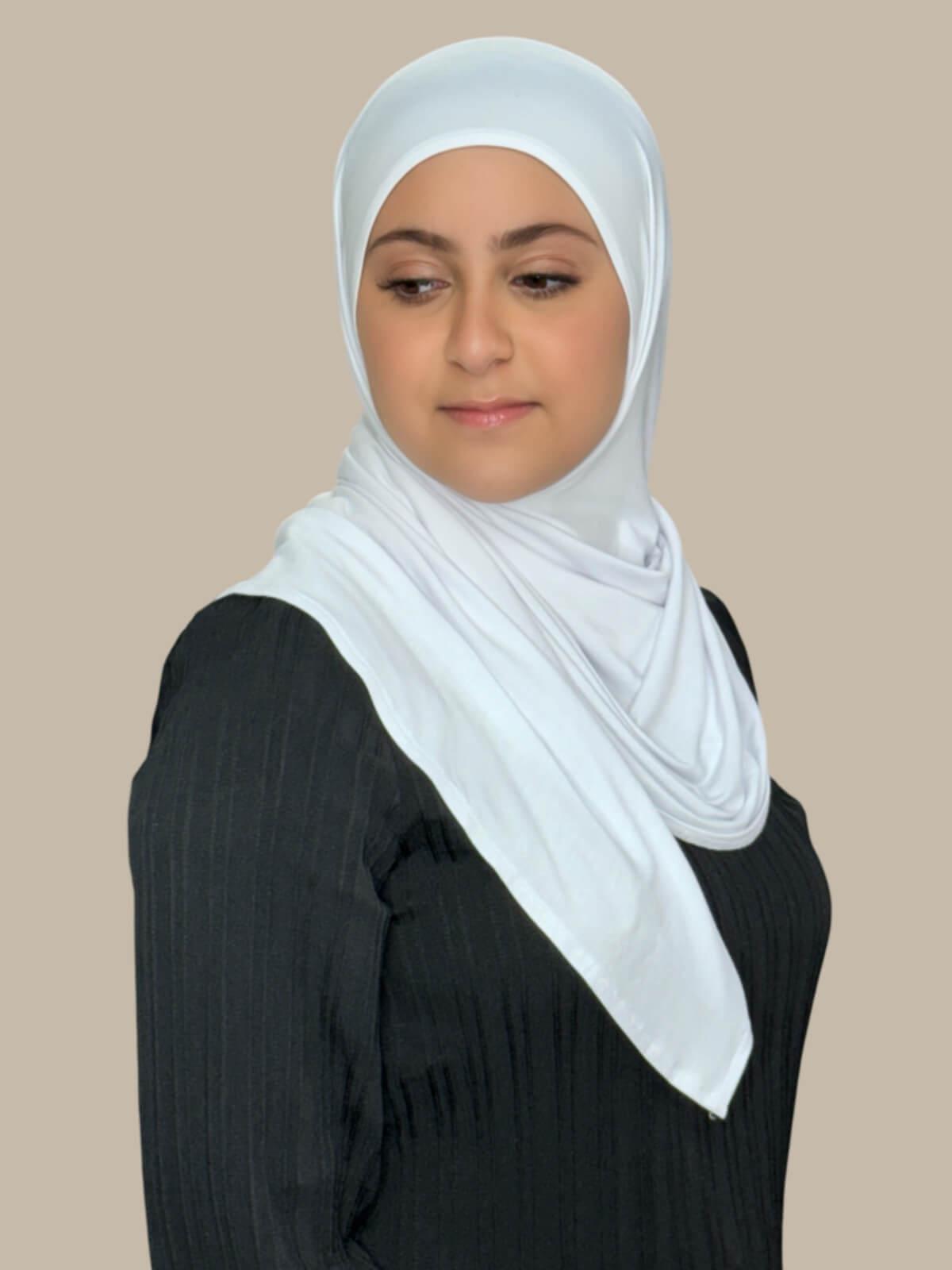 White Pre-Sewn Jersey Hijab in Modish Girl size, side view on model with hijab wrapped neatly around shoulders, no pins