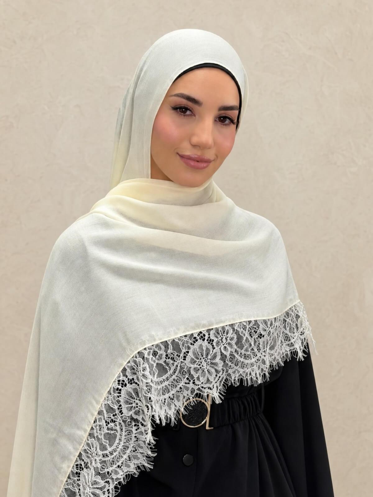 Lace Cotton Modal Hijab-Vanilla Silk