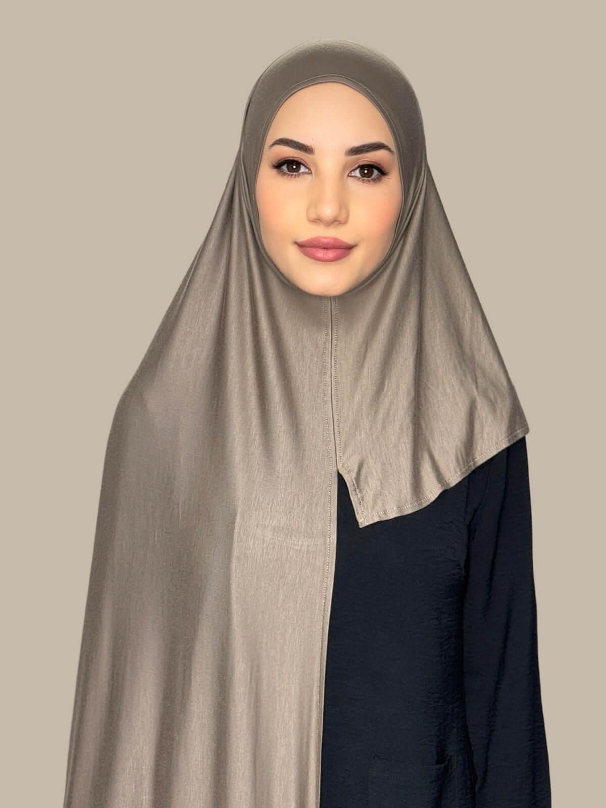 Sandstone Pre-Sewn Jersey Hijab front view on model showing full coverage and smooth drape on both sides.
