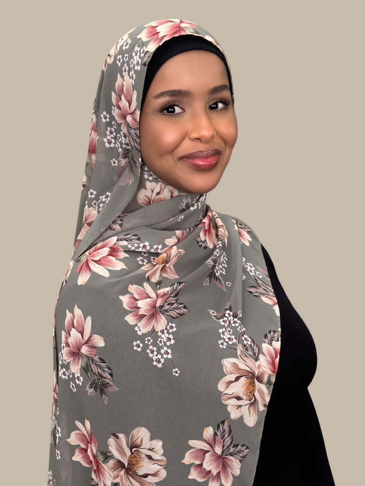 Printed Chiffon Hijab-Vintage Peony