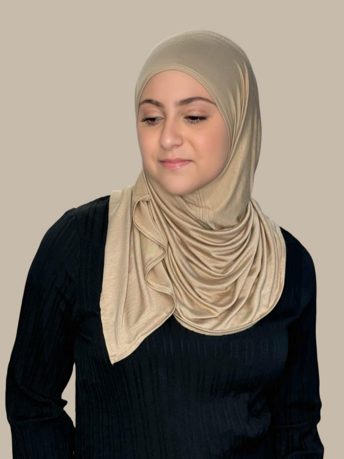 Oak Pre-Sewn Jersey Hijab in Modish Girl size, front view on model with hijab wrapped neatly around shoulders showing smooth fit and soft stretch fabric.