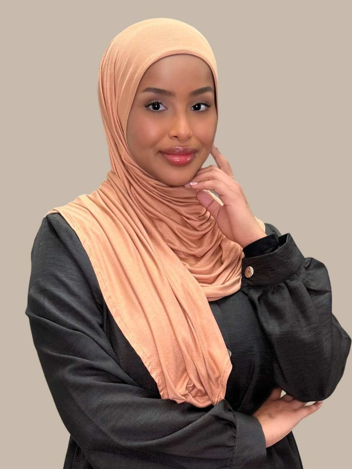 Sahara Pre-Sewn Jersey Hijab, front view on model