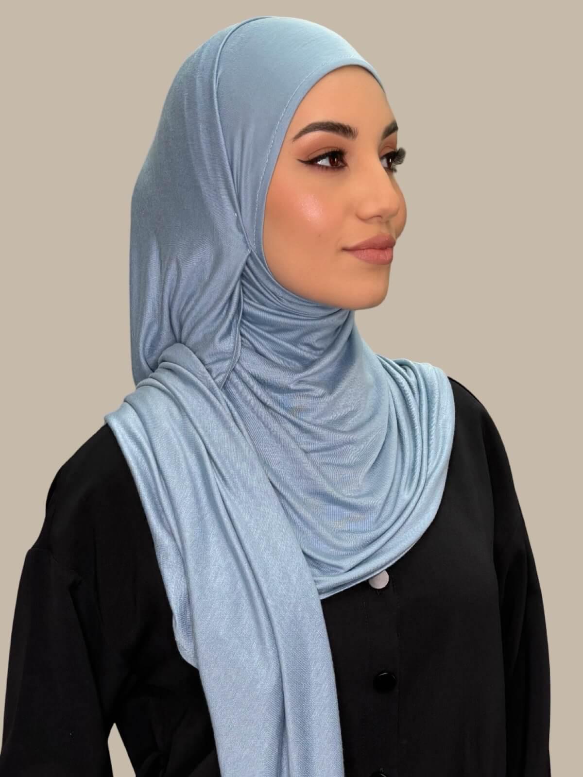 Dusty Blue Pre-Sewn Jersey Hijab, side view on model