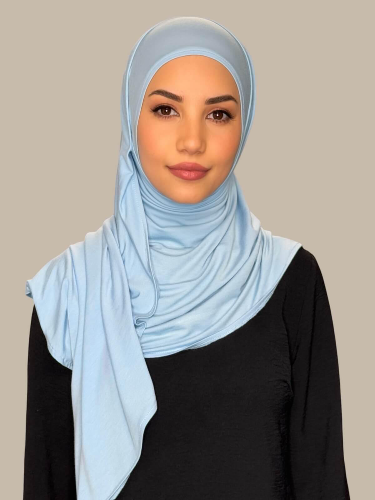 Baby Blue Pre-Sewn Jersey Hijab front view on model