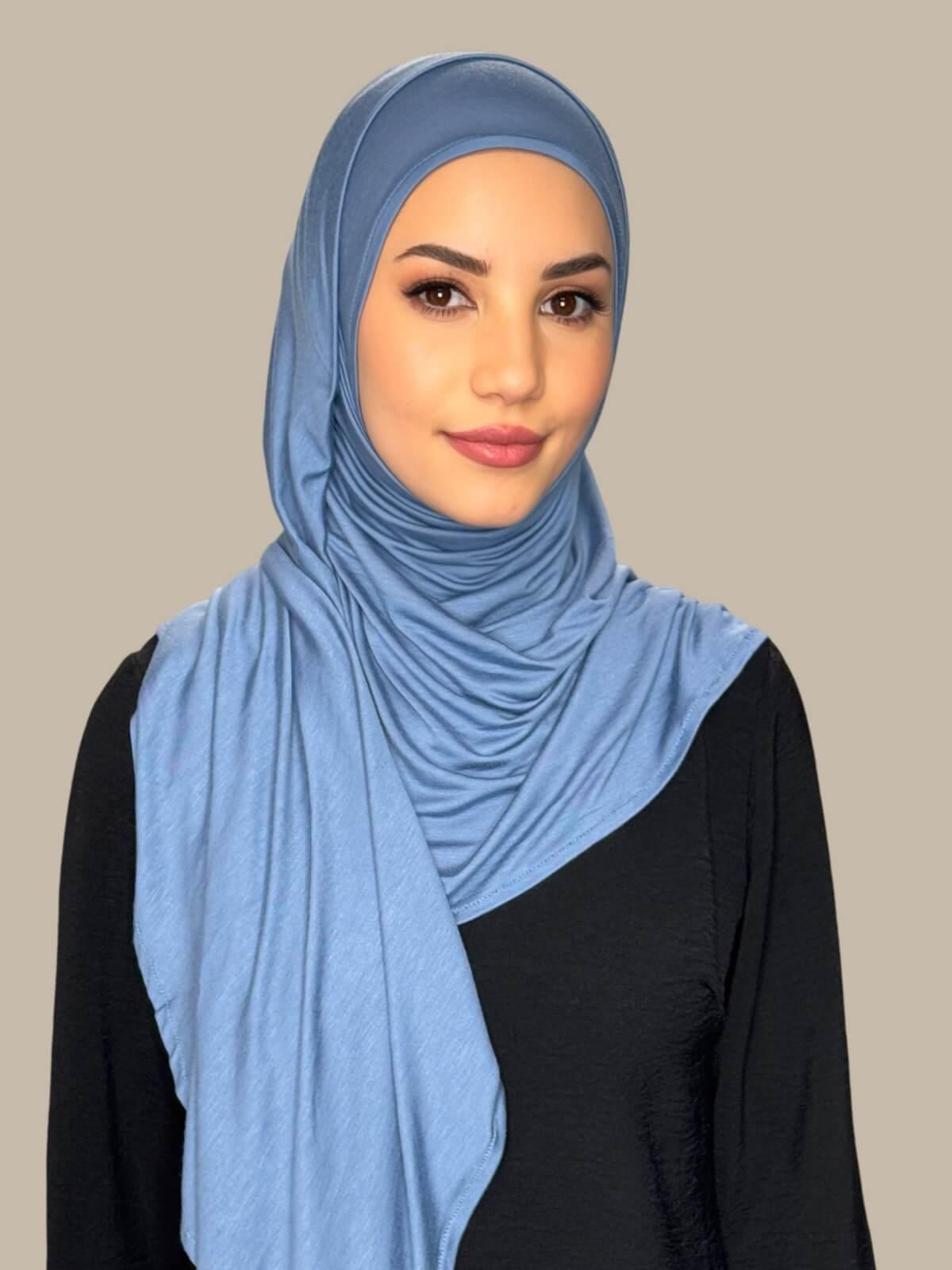 Blue Grey Pre-Sewn Jersey Hijab, front view on model