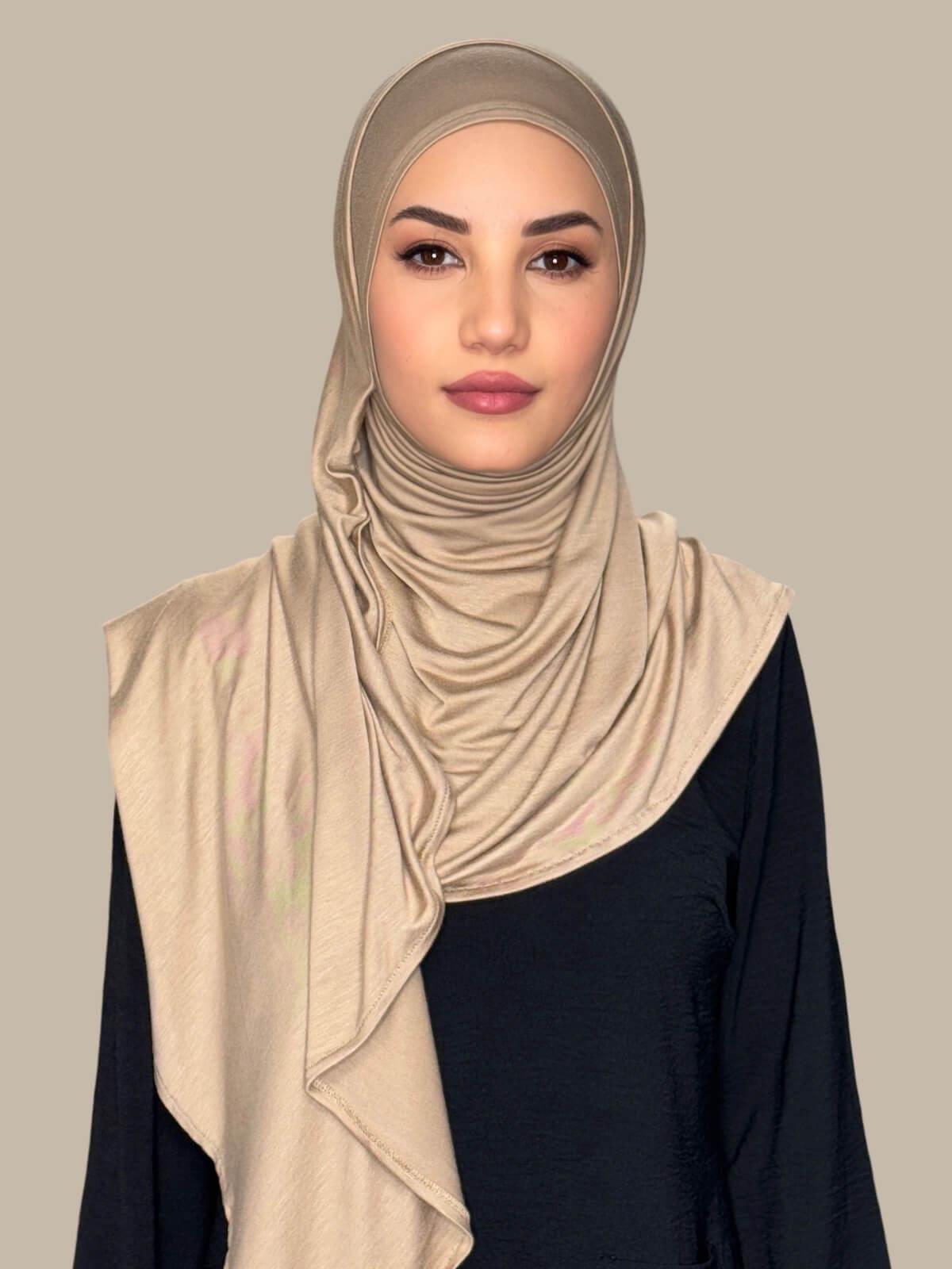 Oak Pre-Sewn Jersey Hijab, front view on model