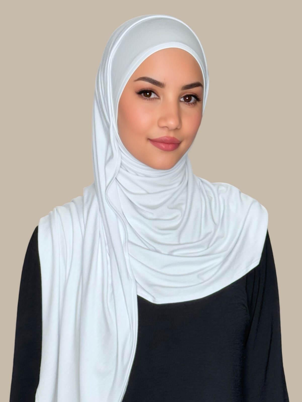 White Pre-Sewn Jersey Hijab — front view on model