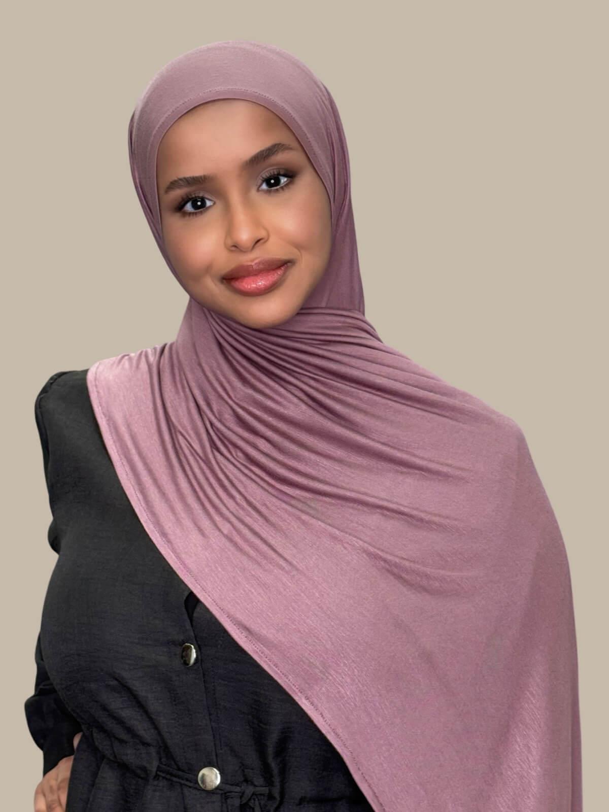 Rose Taupe Pre-Sewn Jersey Hijab front view on model draped over shoulder
