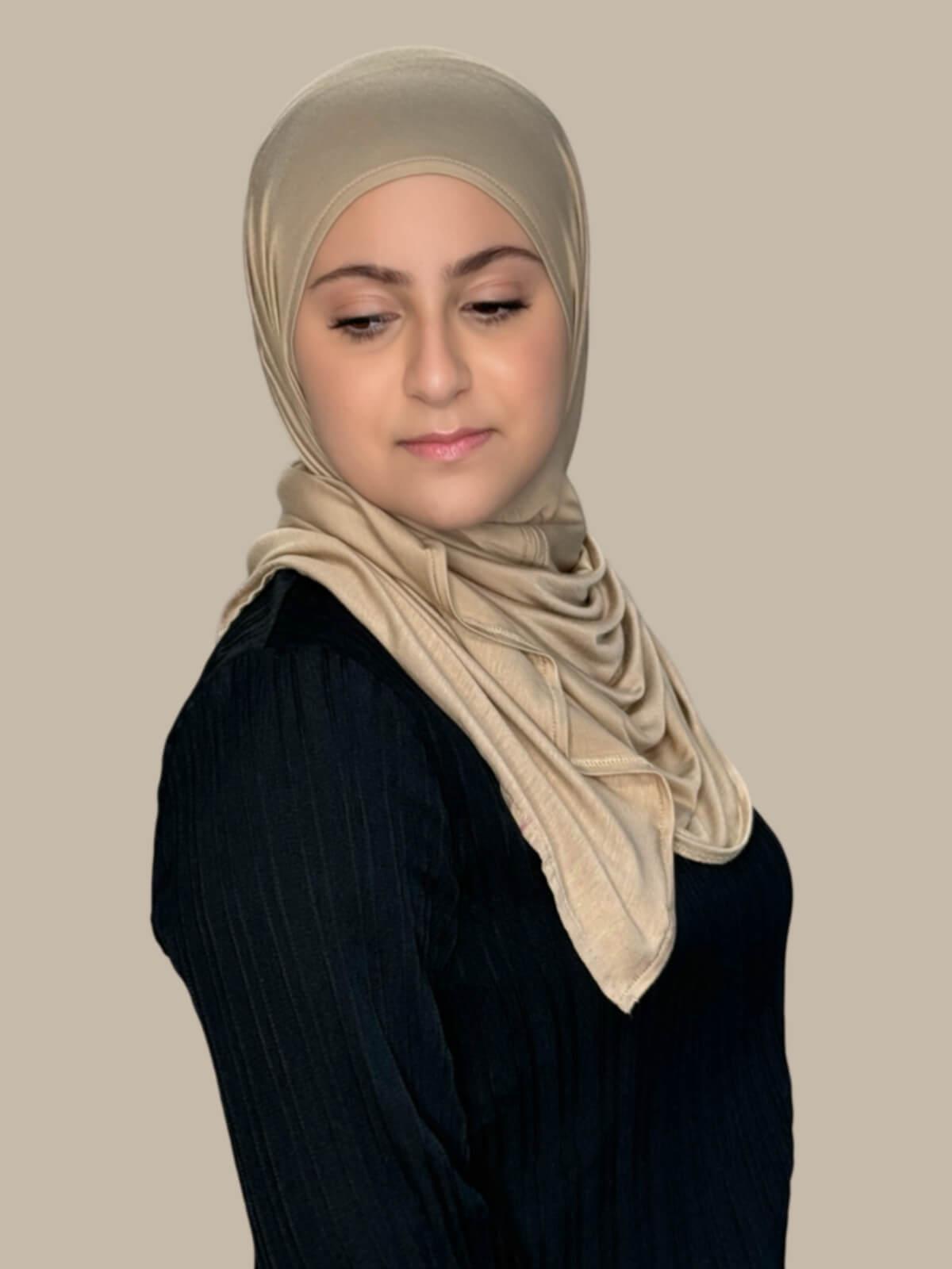Oak Pre-Sewn Jersey Hijab in Modish Girl size, side view on model with hijab wrapped neatly around shoulders showing smooth fit and soft stretch fabric. No pins effortless