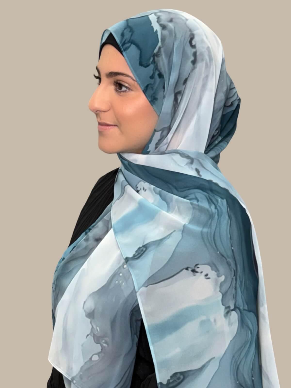 Modish Girl Printed Chiffon Hijab-Tidal Teal