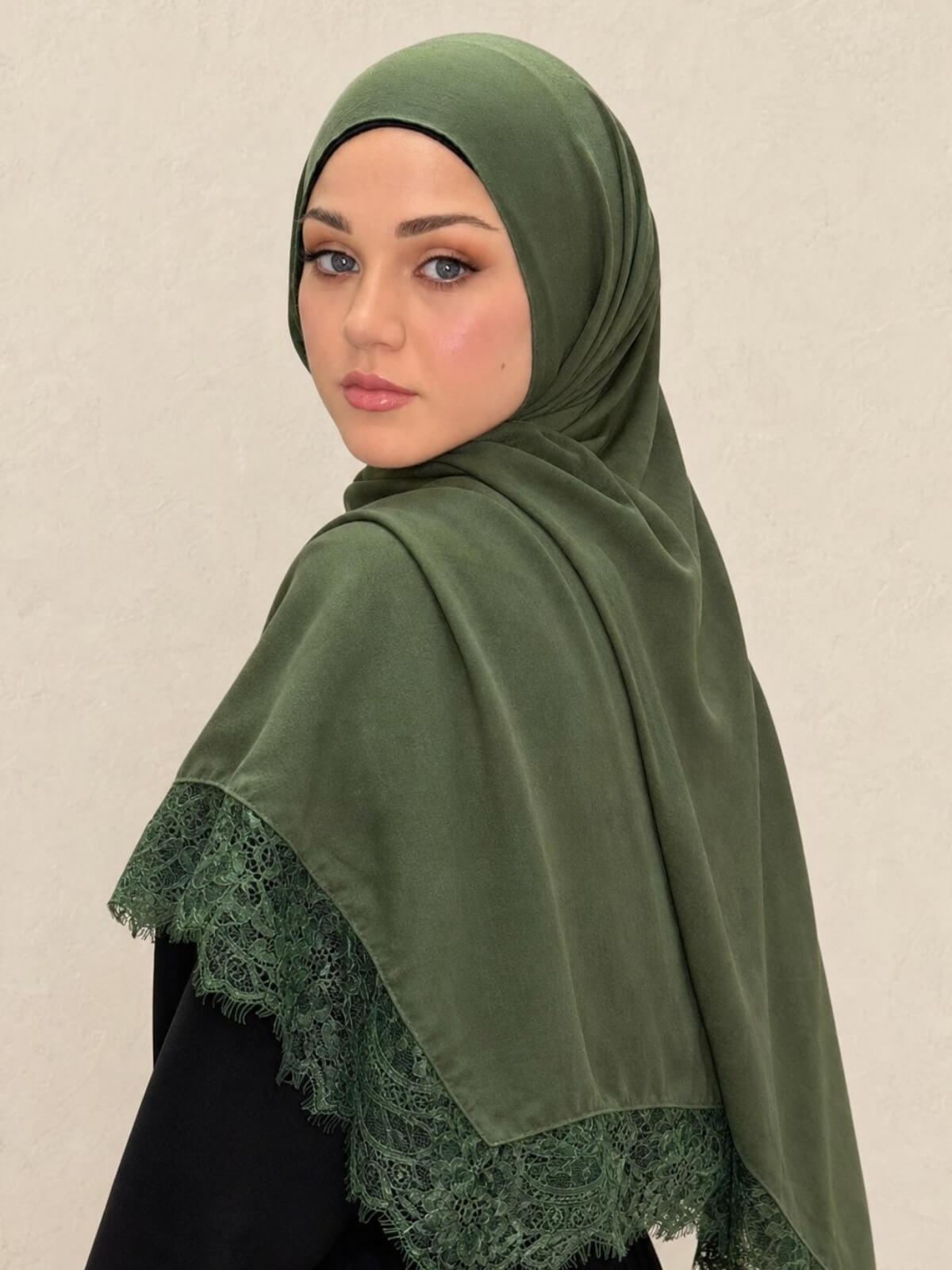 Lace Cotton Modal Hijab-Woodland Mist