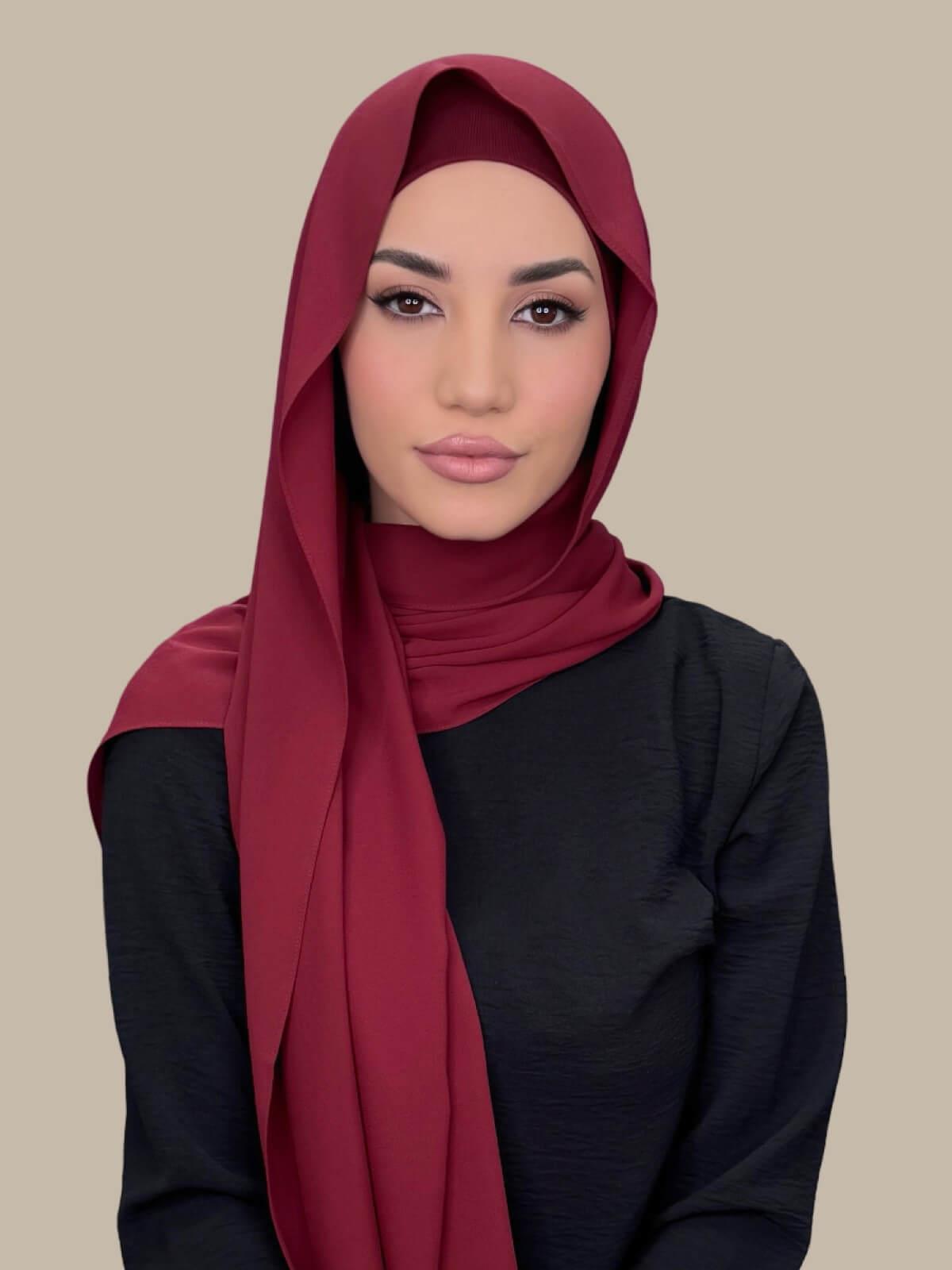 Mahogany Matching Chiffon Hijab Set on model, front view showing lightweight drape and smooth layered wrap with elegant finish.