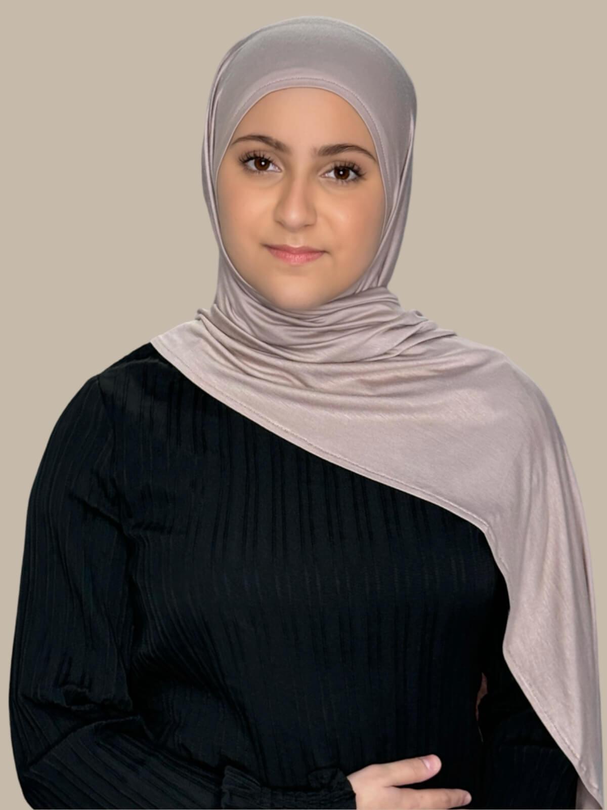Sphinx Pre-Sewn Jersey Hijab in Modish Girl size, side view on model with hijab draped over shoulder showing smooth fit and soft stretch, no pins