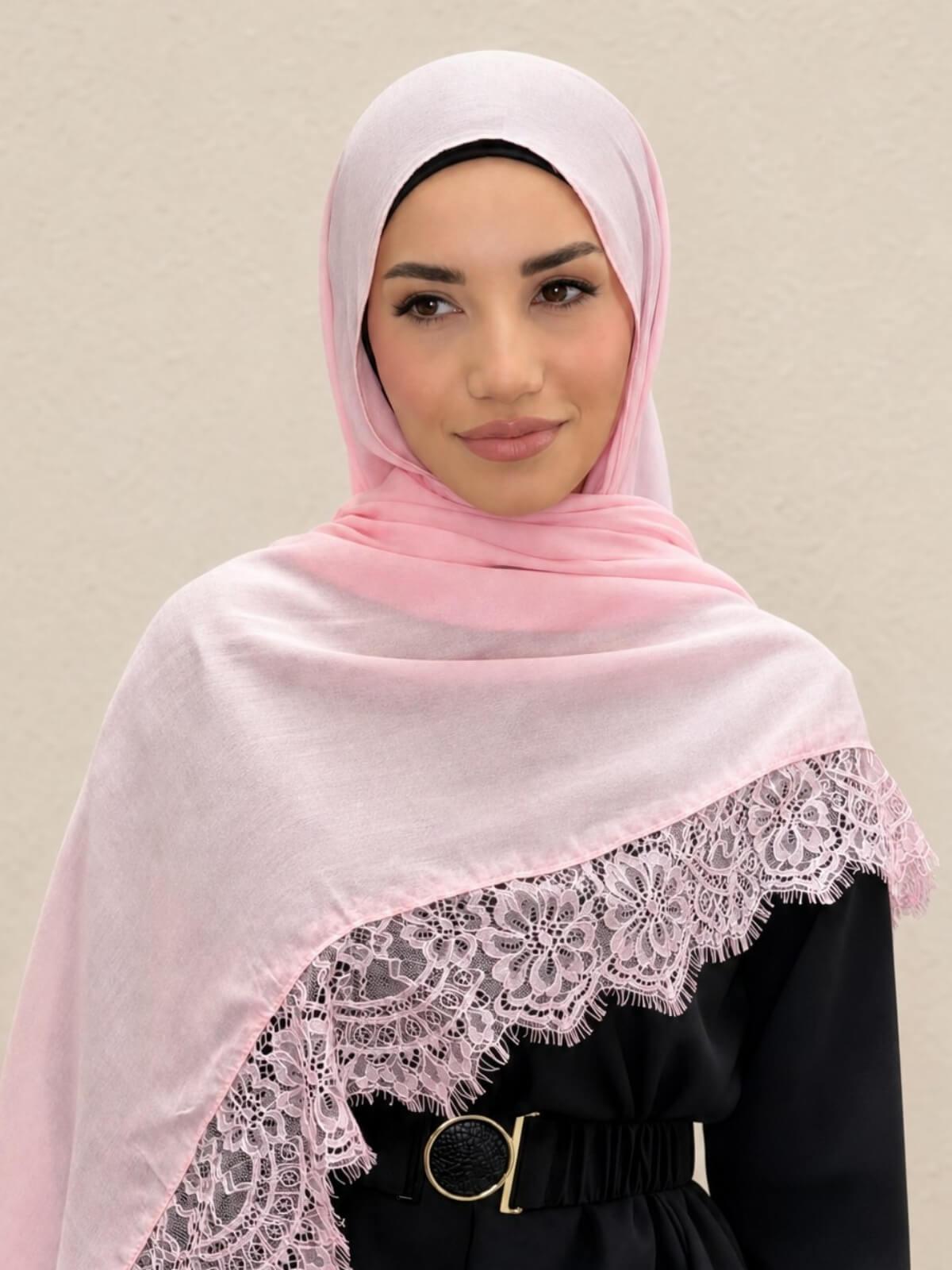 Lace Cotton Modal Hijab-Pink Promise