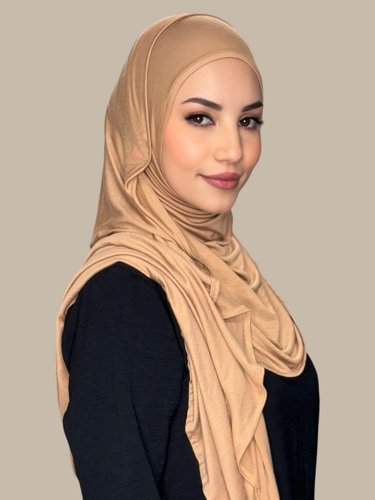 Honey Pre-Sewn Jersey Hijab, side view on model
