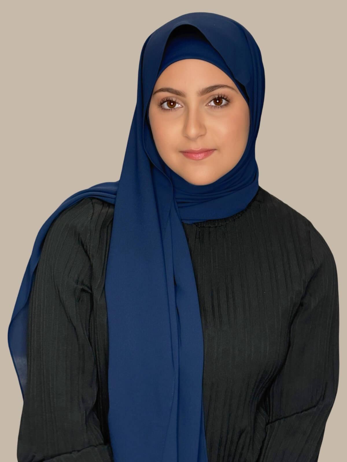 Navy Matching Chiffon Hijab Set in modish girl size on model, front view showing lightweight drape and smooth layered wrap with elegant finish.