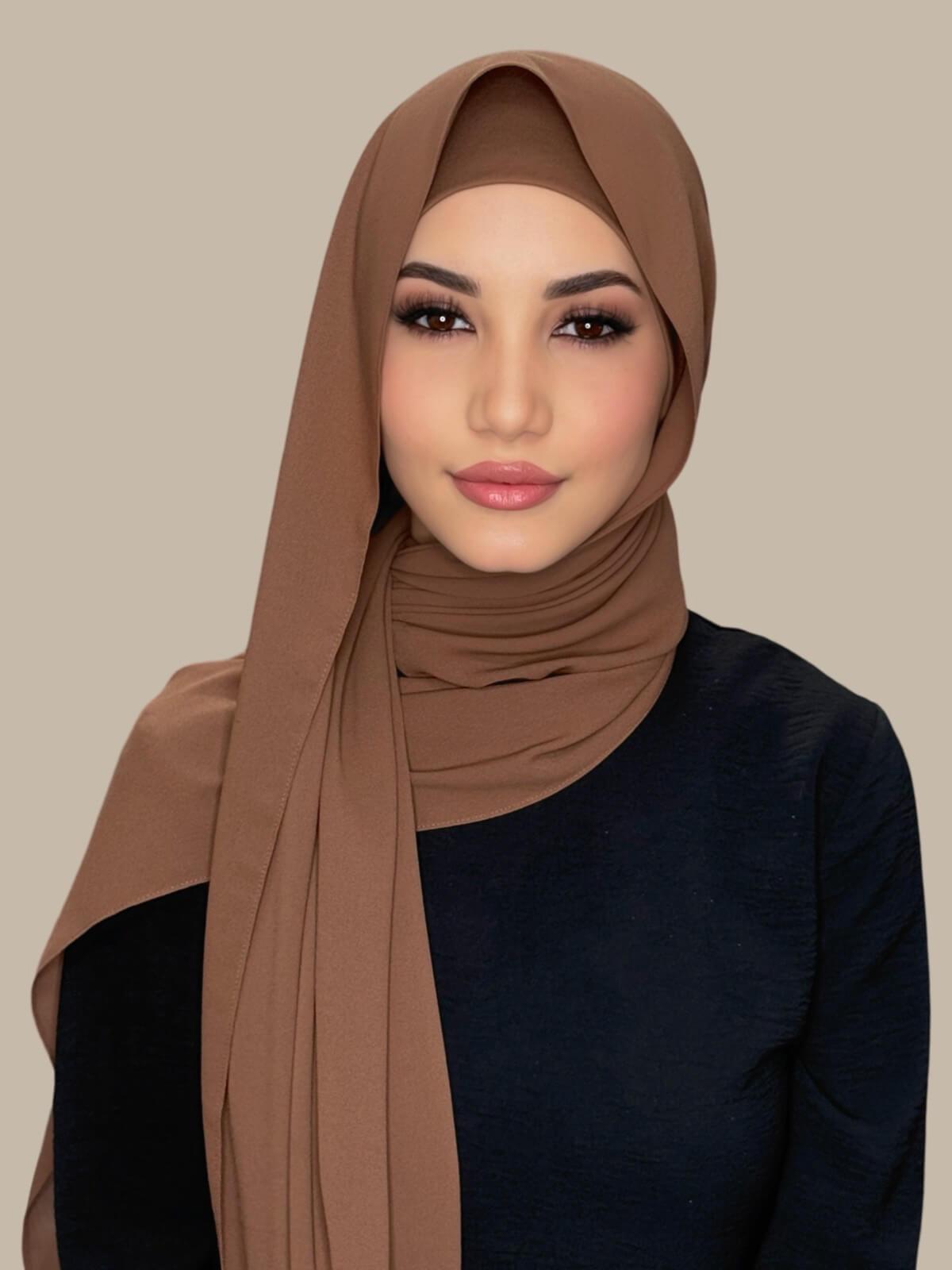 Cinnamon Matching Chiffon Hijab Set on model,front view draped over one shoulder