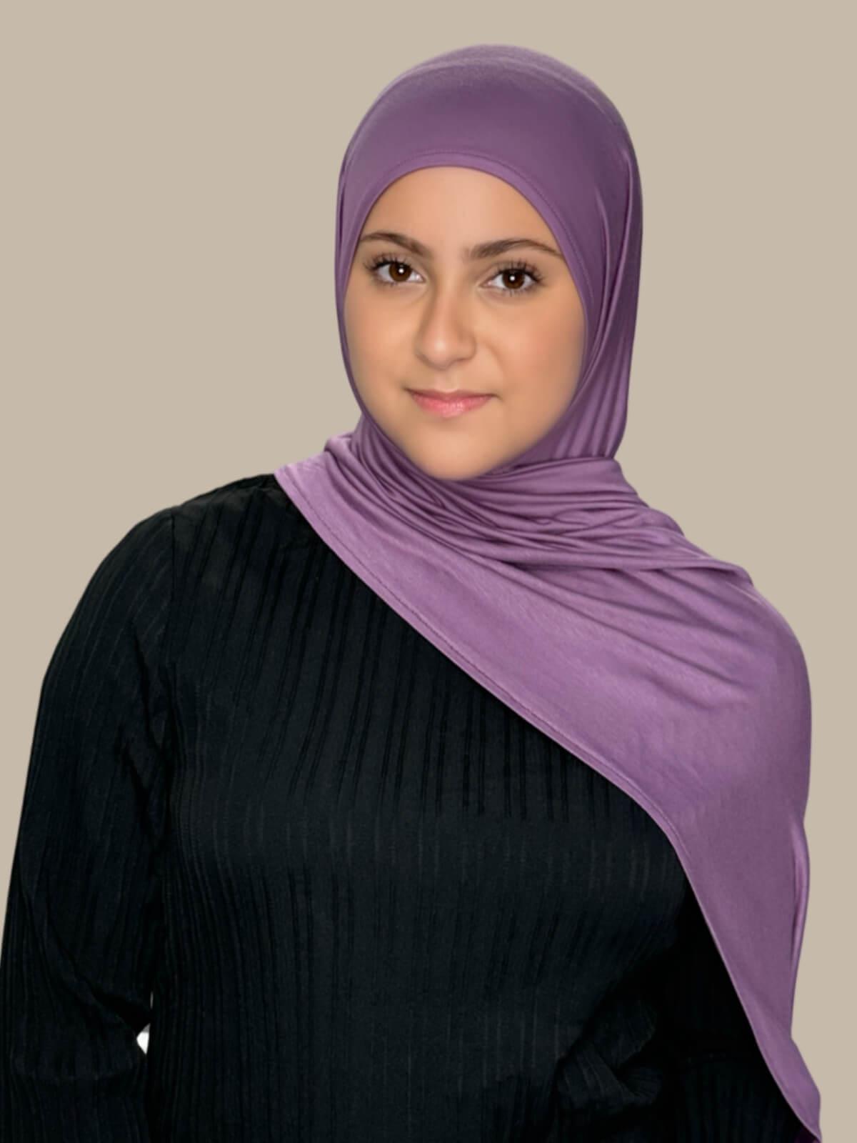 Mauve Taupe Pre-Sewn Jersey Hijab in Modish Girl size, front view on model with hijab draped over shoulder