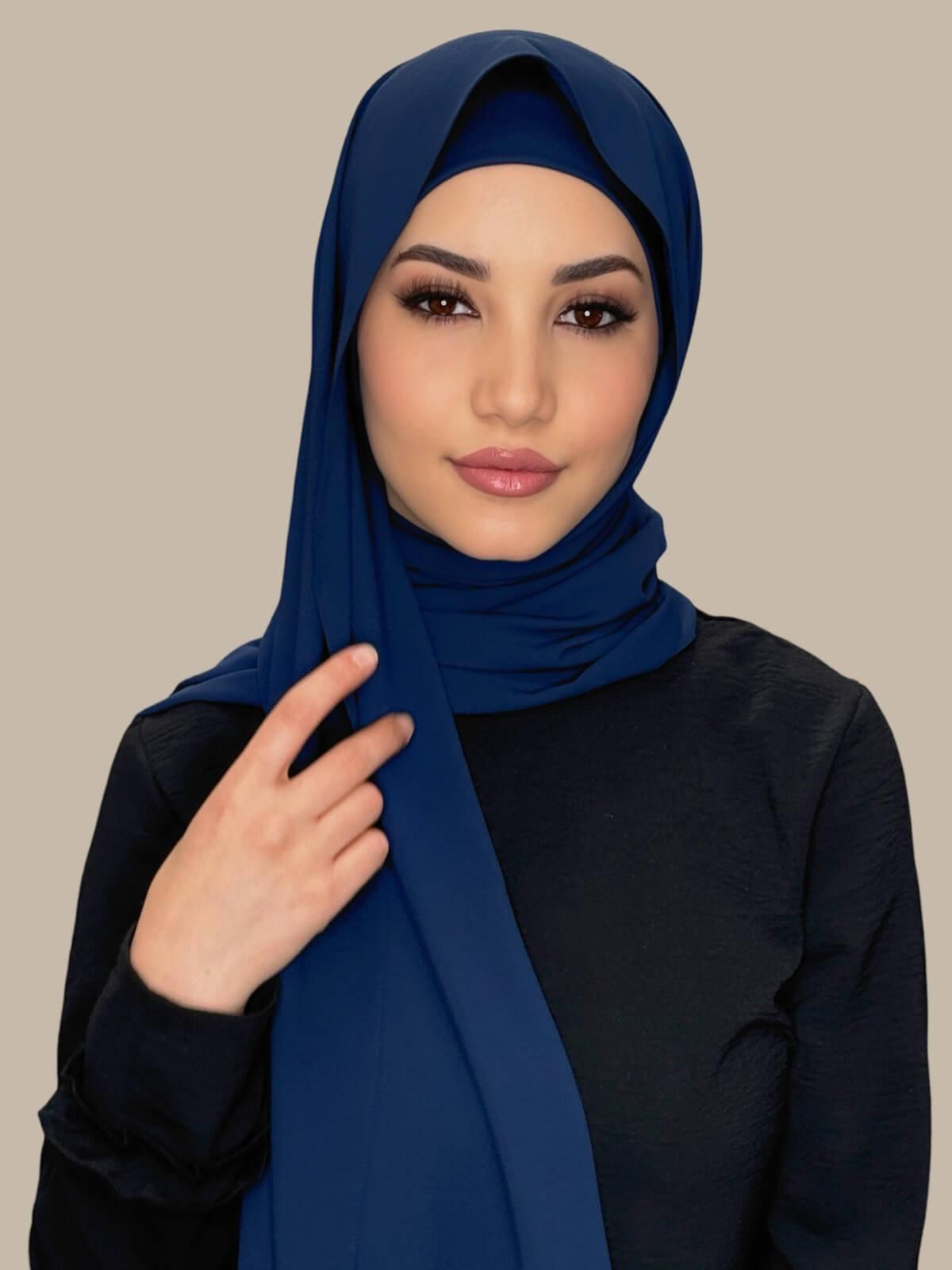 Navy Matching Chiffon Hijab Set on model,front view showing lightweight drape and smooth layered wrap with elegant finish